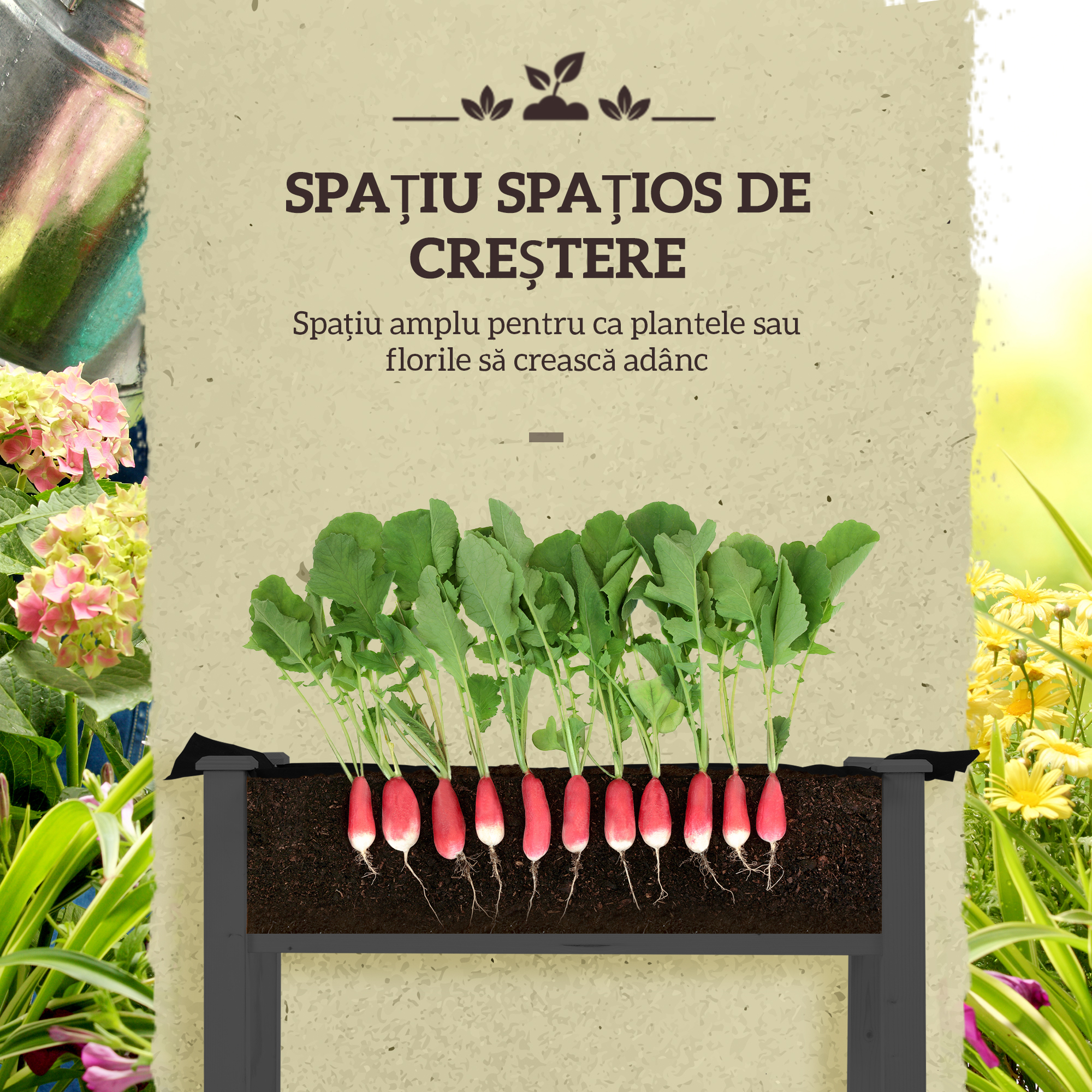  Pat pentru Gradina Ridicat cu Acoperis din PE, Jardiniera Ridicata din Brad cu 4 Gauri de Drenaj, pentru Flori si Legume, pentru Gradina, Balcon, 121x55x117 cm, Gri inchis [6]
