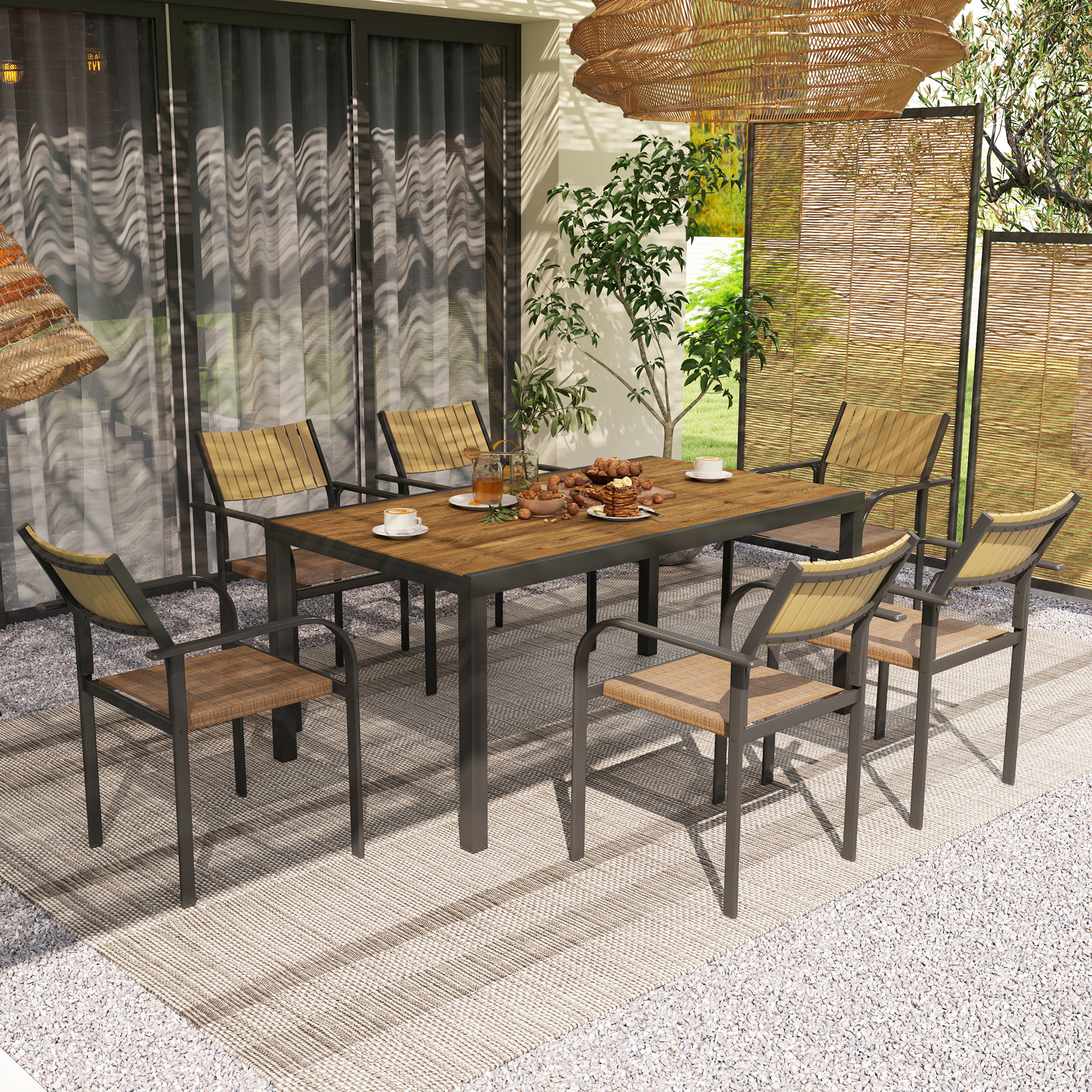  Set de Exterior din 7 Piese cu Masa Extensibila si 6 Scaune Suprapozabile, 160/240x90x74 cm, Maro [1]