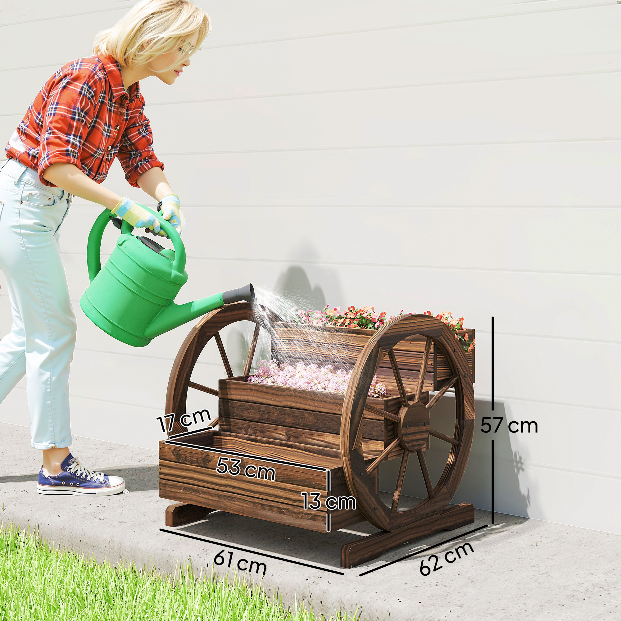  Jardiniera de Exterior cu 3 Niveluri, cu Roti Decorative din Lemn de Brad Carbonizat, 62x61x57 cm [2]