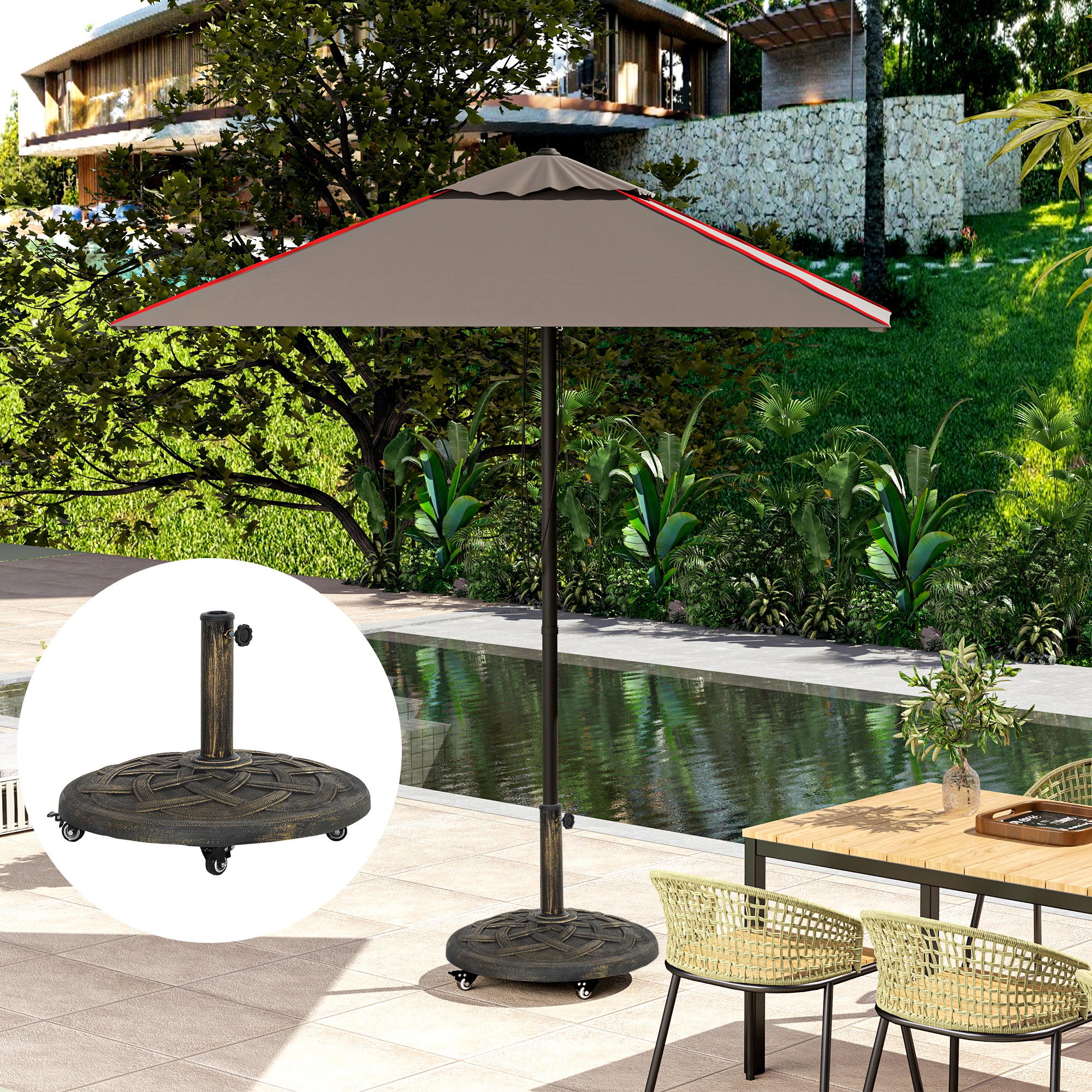  Baza Rotunda pentru Umbrela cu Roti, Baza Ponderata de 20 kg din Rasina, Suport pentru Umbrele de 3,3 cm/3,8 cm/4,8 cm pentru Exterior, Gradina, Piscina, Bronz [7]