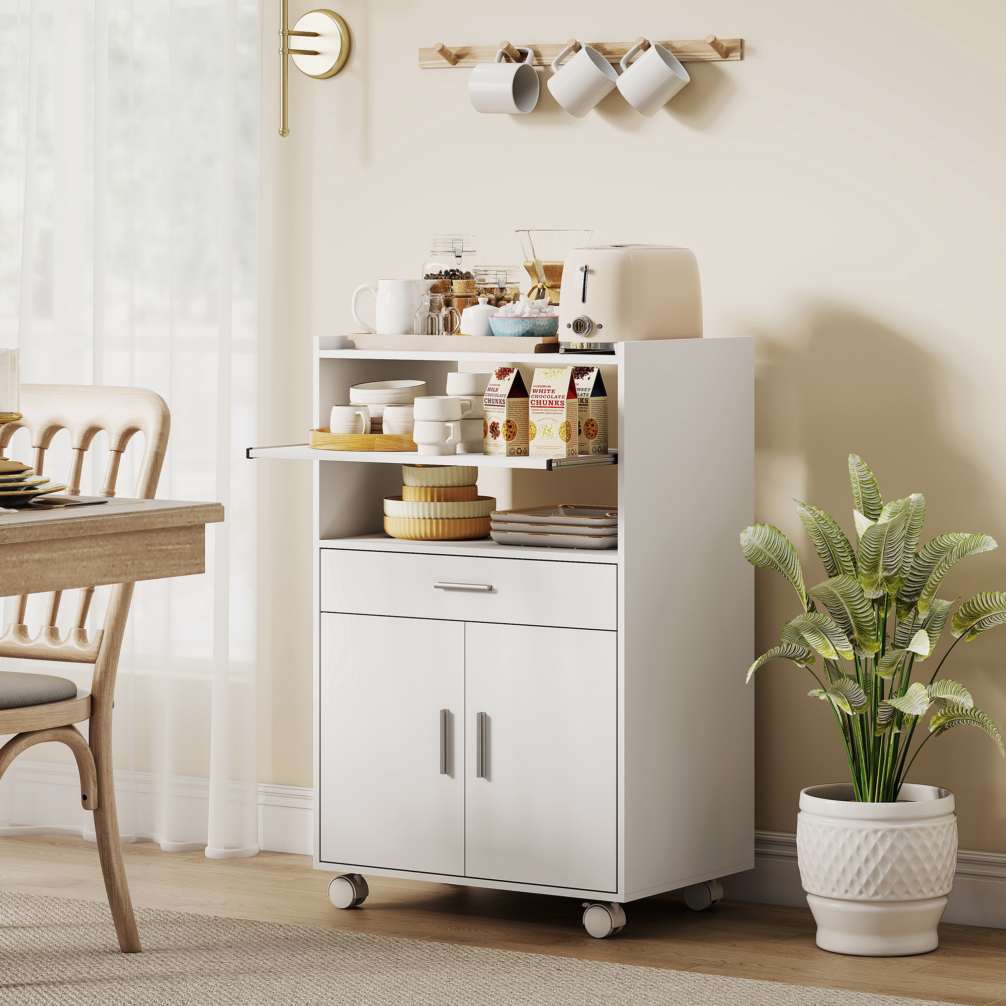  Dulap pentru Cuptorul cu Microunde din Lemn cu Sertar, Dulap cu 2 Usi si 2 Rafturi, 59x40x92 cm, Alb [1]