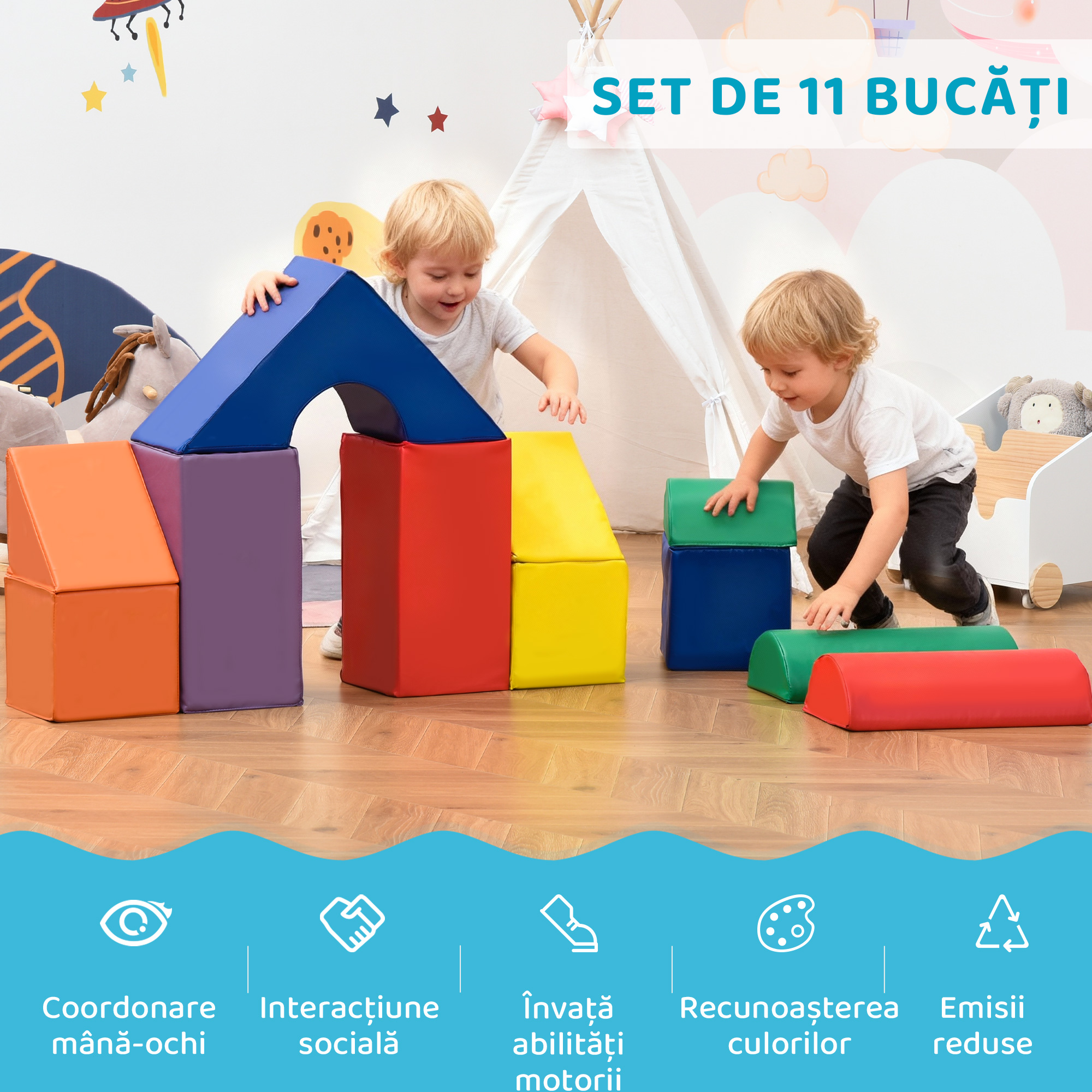  Set de Constructii Moi pentru Copii de la 1-3 Ani cu 11 Forme, din PU si EPE, Culori Variate [3]