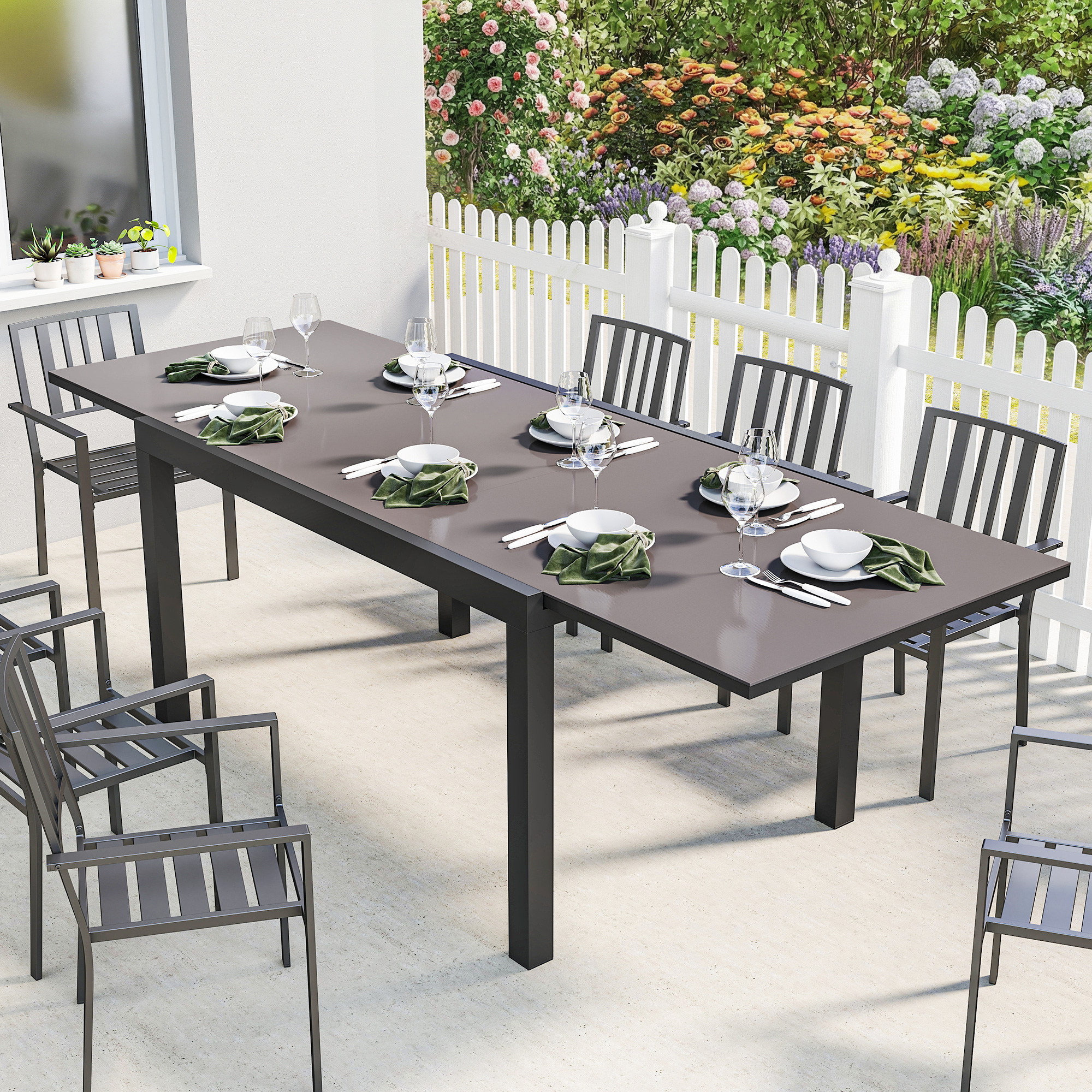  Masa de Gradina Extensibila pentru 8-10 Persoane 140/240x90 cm, Masa de Dining Extensibila cu Blat din Sticla Securizata, Masa de Exterior pentru Terasa, Balcon, Negru [1]