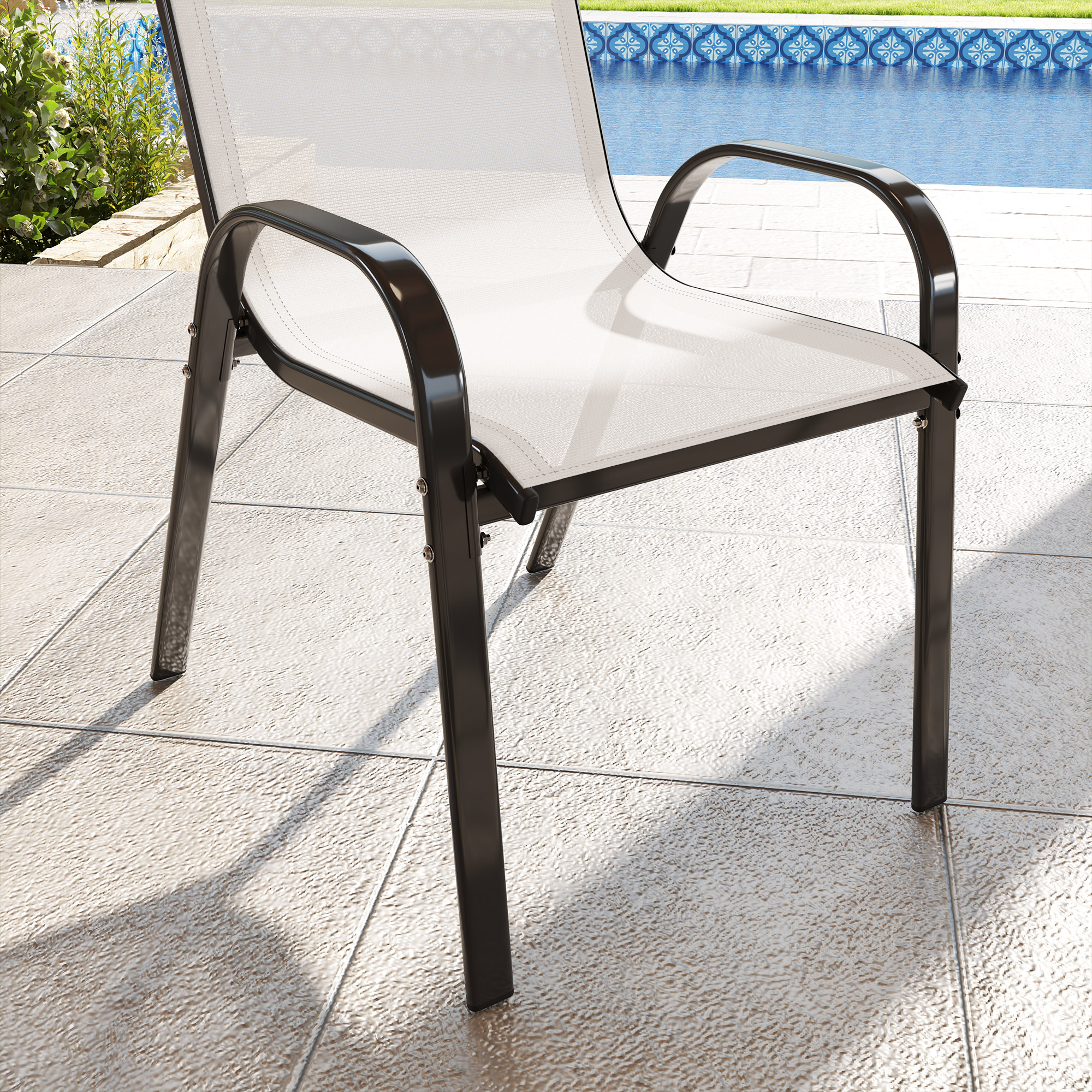  Set de 2 Scaune pentru Pranz in Aer Liber, Scaune Stivuibile cu Spatar inalt, sezut din Plasa Respirabila pentru Gradina, Gri Deschis [7]