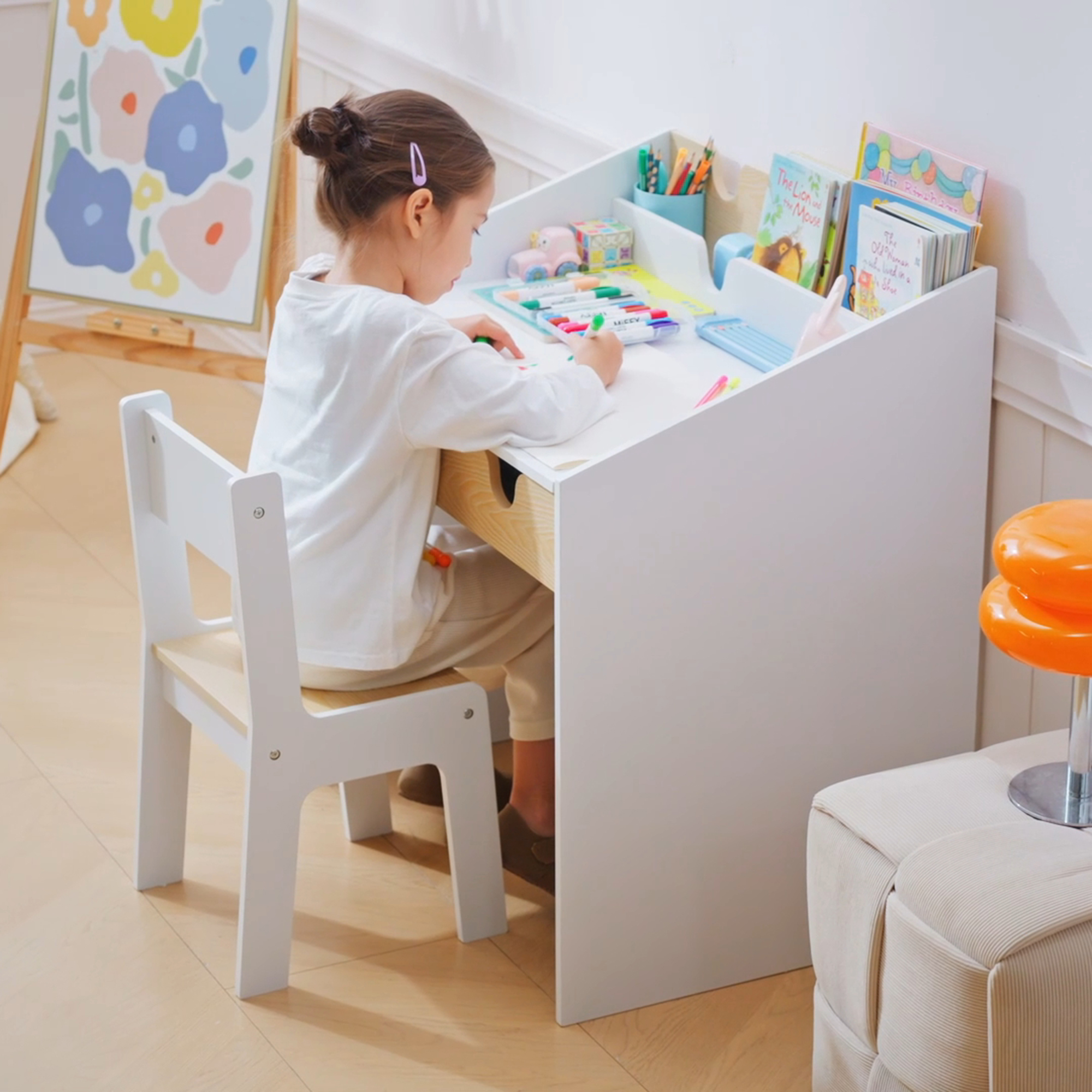  Set Birou si Scaun pentru Copii 6-10 Ani cu Raft si Sertar [7]