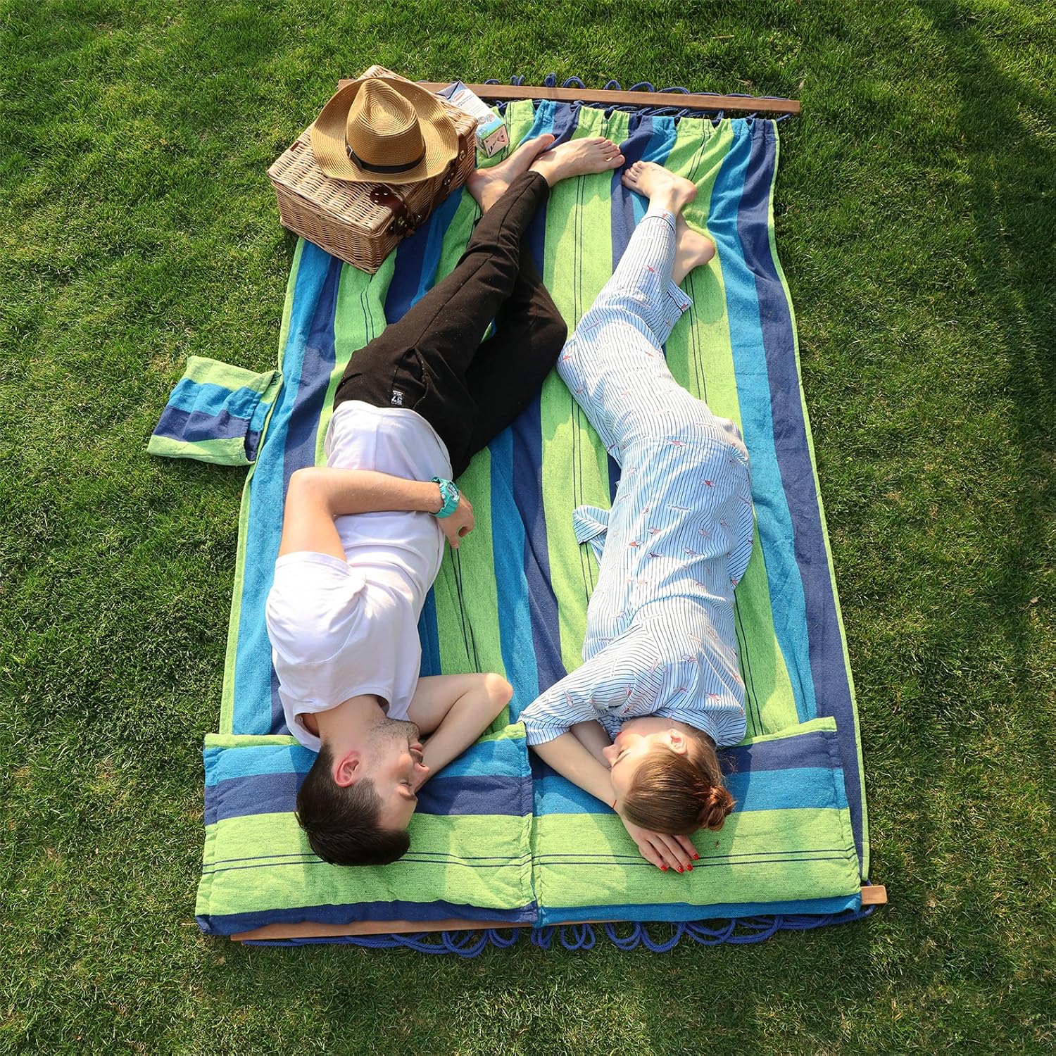 SONGMICS Hamac dublu cu bara lemn, perne incluse, maxim 300 kg, 210x150 cm, verde si albastru [8]