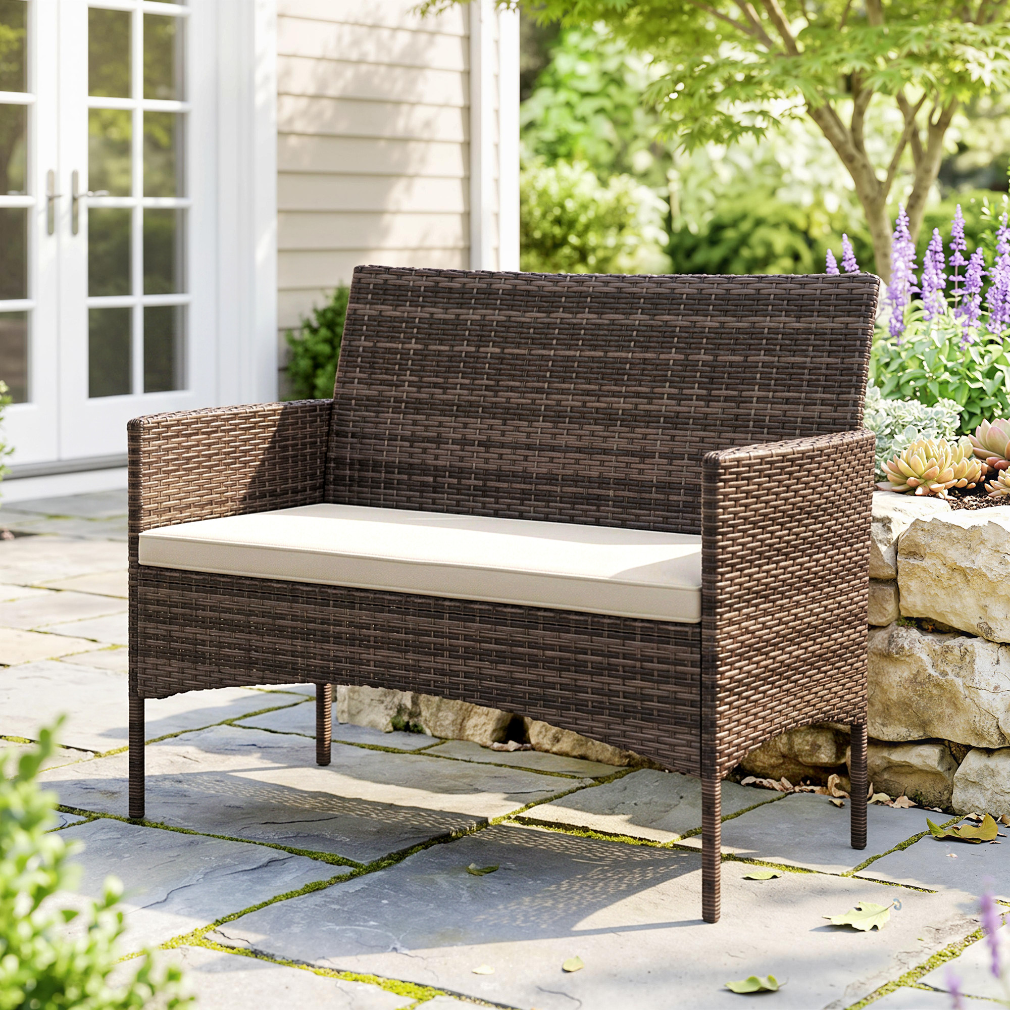  Canapea de Gradina 2 Locuri cu Perne si Tampoane Antiderapante, din Ratan si Otel, 115x63x85 cm, Bej [8]