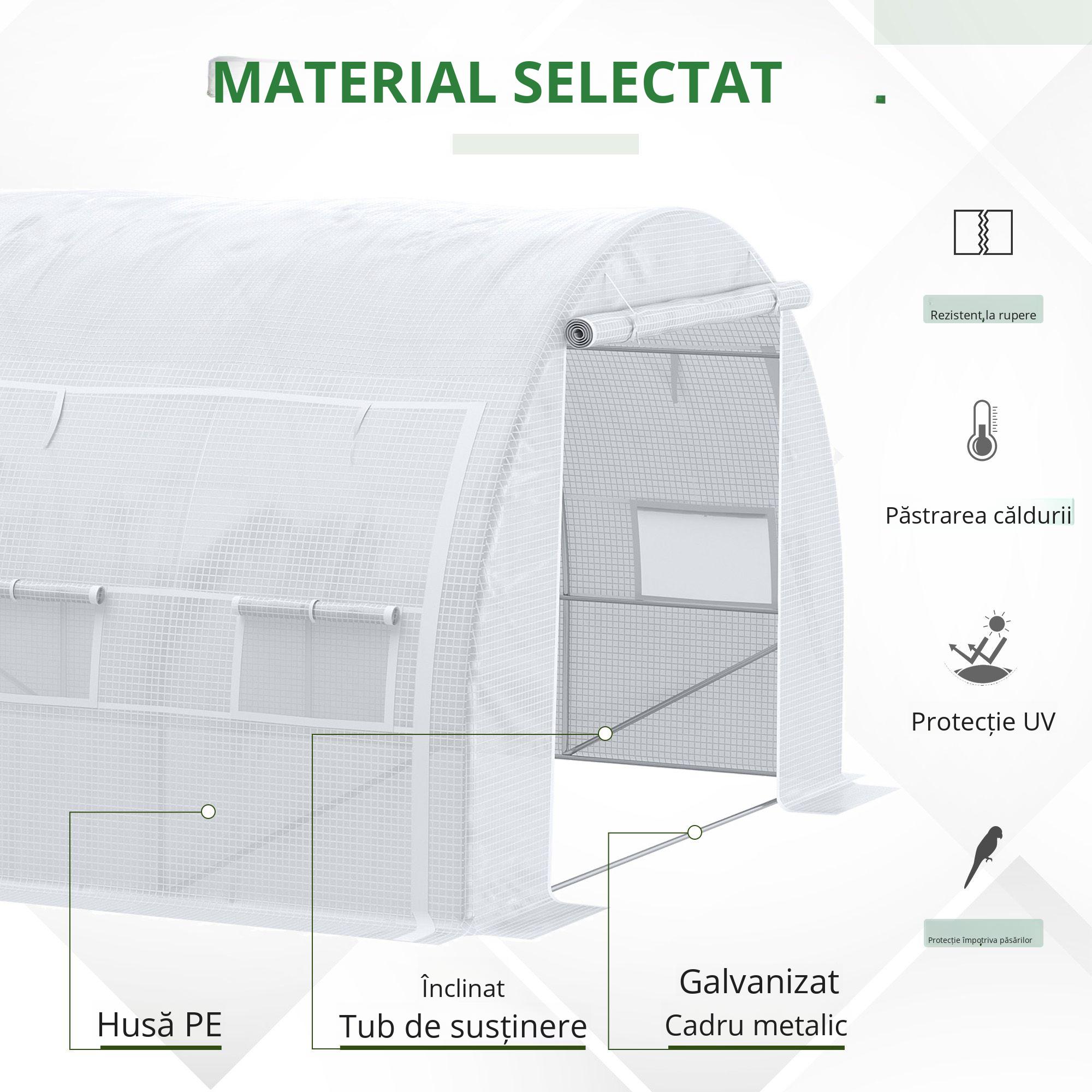  Sera Tip Tunel cu Usa, Panouri si 8 Ferestre Rulabile, din Otel Galvanizat si PE, 3.97x3x2 m, Alb [5]
