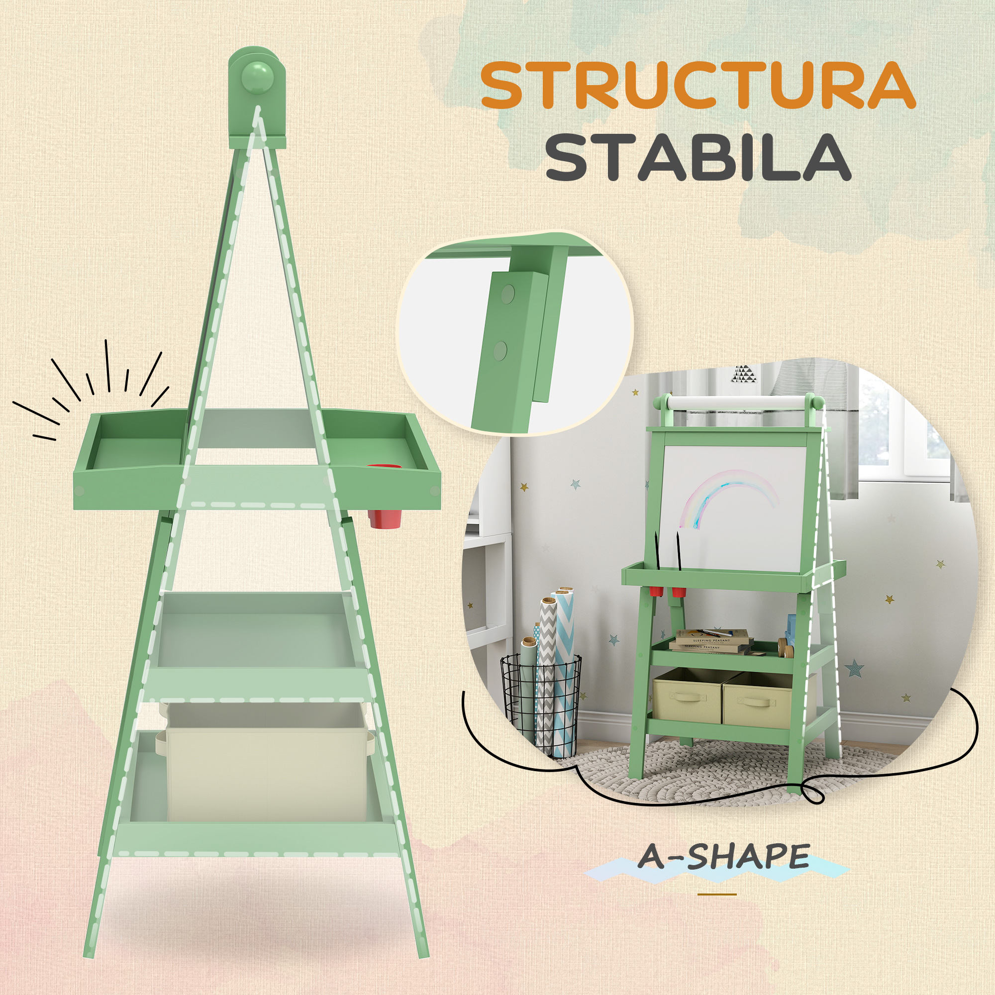  Tabla pentru Copii cu sevalet 3 in 1, Sul de Hartie si 2 Recipiente, din Lemn, 59x48x118 cm, Verde [6]