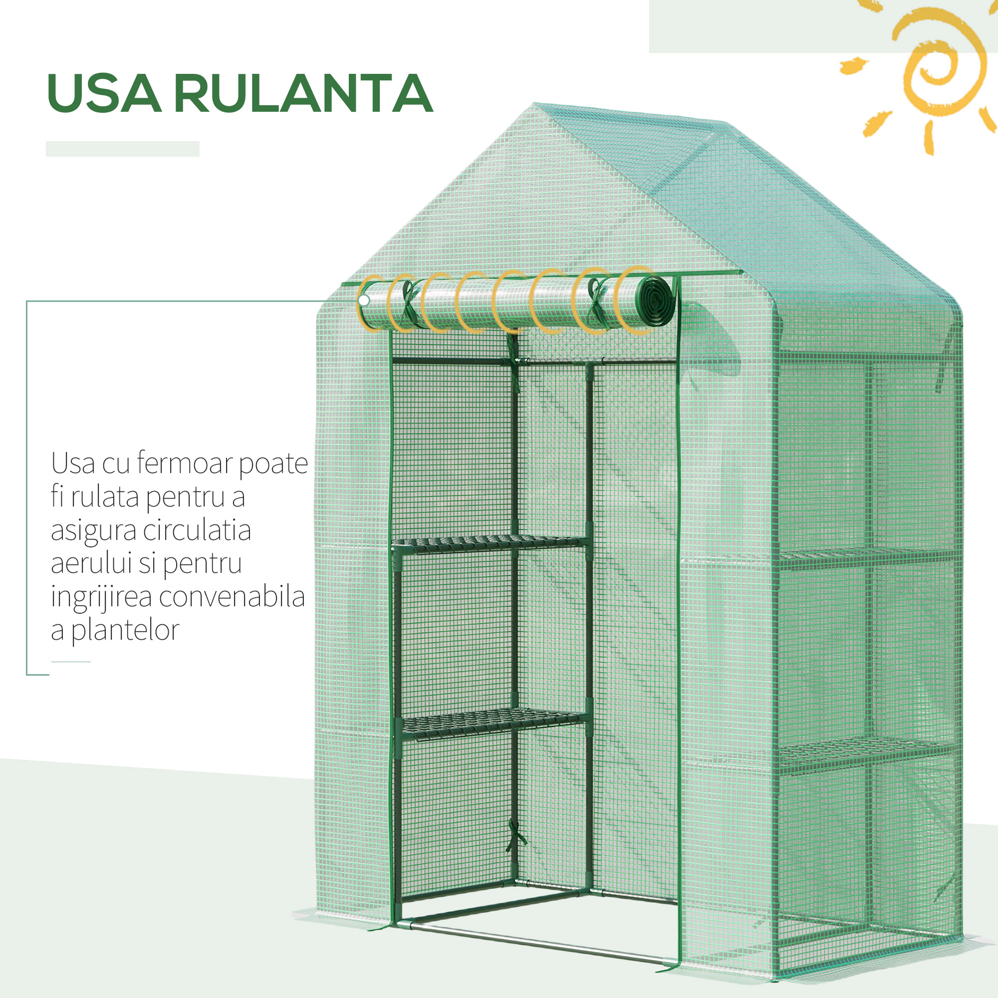  Sera de Gradina din Otel si Plastic PE cu 4 Rafturi, Franghii si Tarusi  Inclusi, 141x72x191 cm, Verde [5]
