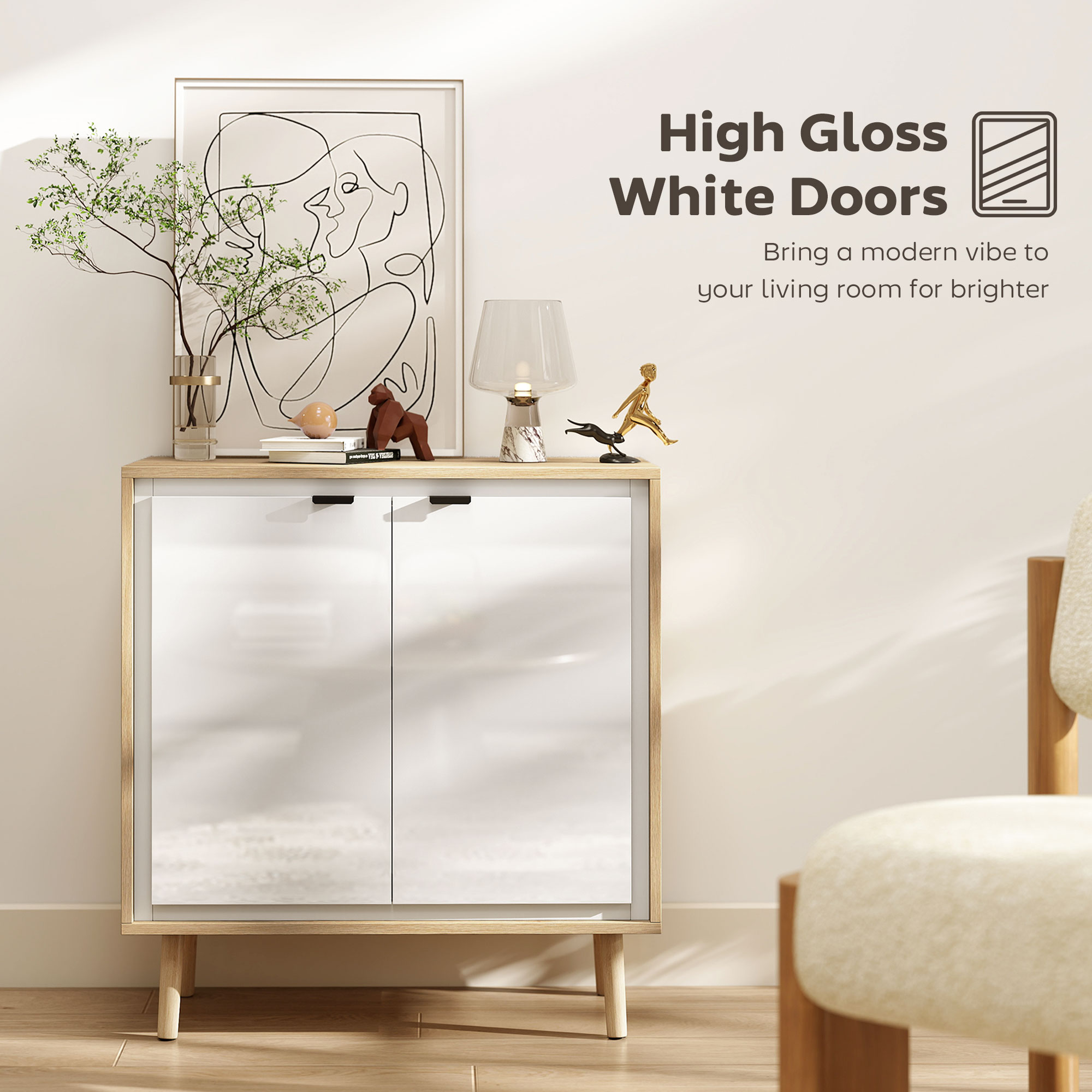  Dulap Modern cu 2 Usi si Raft Reglabil 72x35x77cm Alb si Stejar [3]