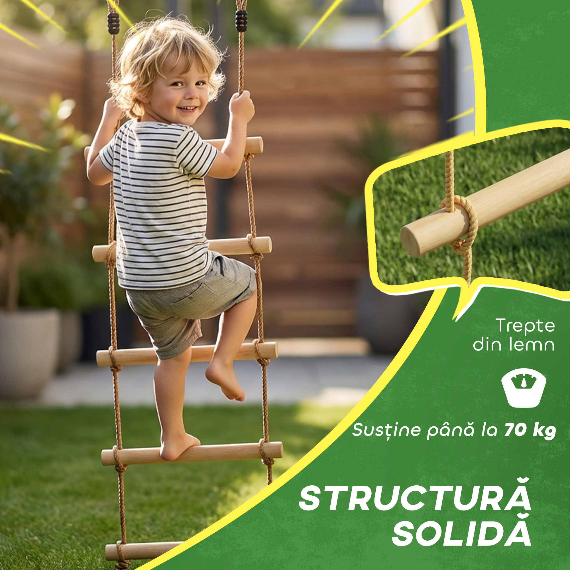  Scara de Franghie 1,8m, Accesorii pentru Leagane, Franghie pentru Parc de Joaca Exterior, Catarare cu 5 Trepte pentru Copii cu 2 Carabiniere si 2 Curele pentru Copaci [3]