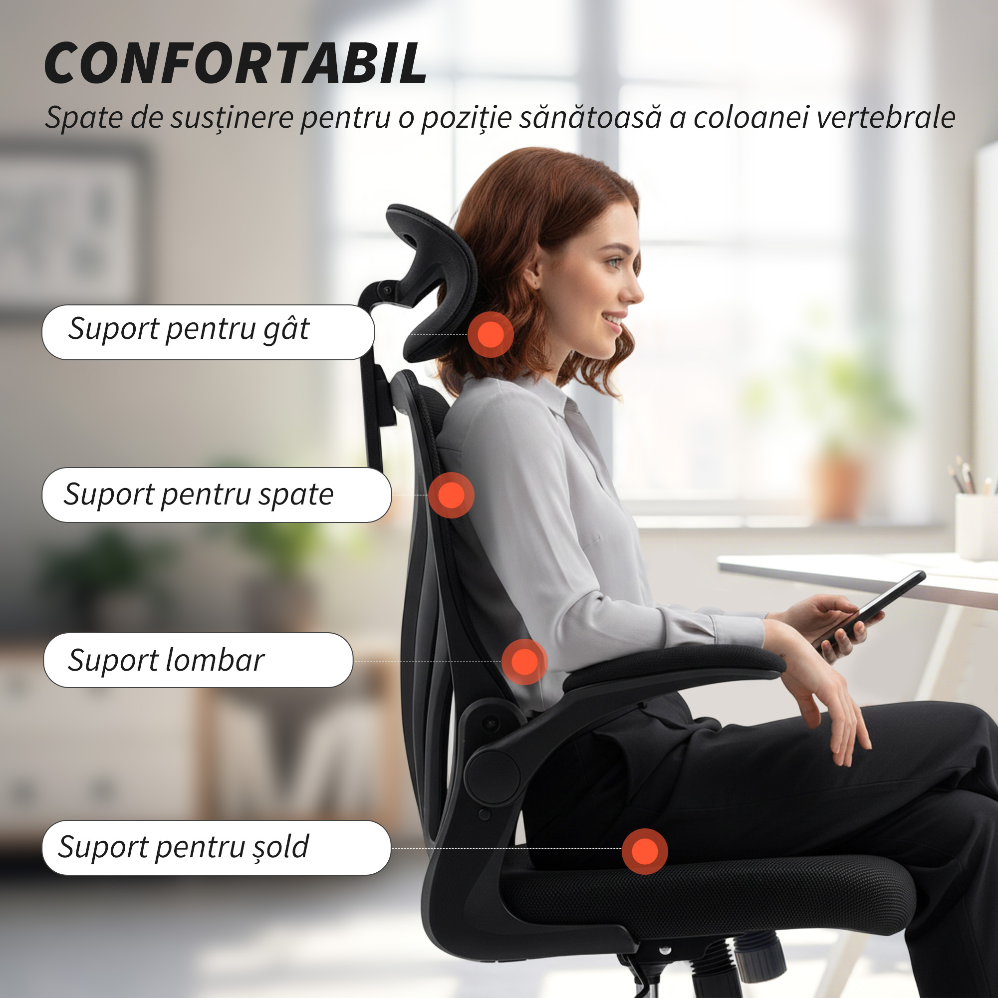 Scaun de Birou Ergonomic cu Brate Rabatabile, Suport Lombar si Tetiera Reglabila, Negru [3]