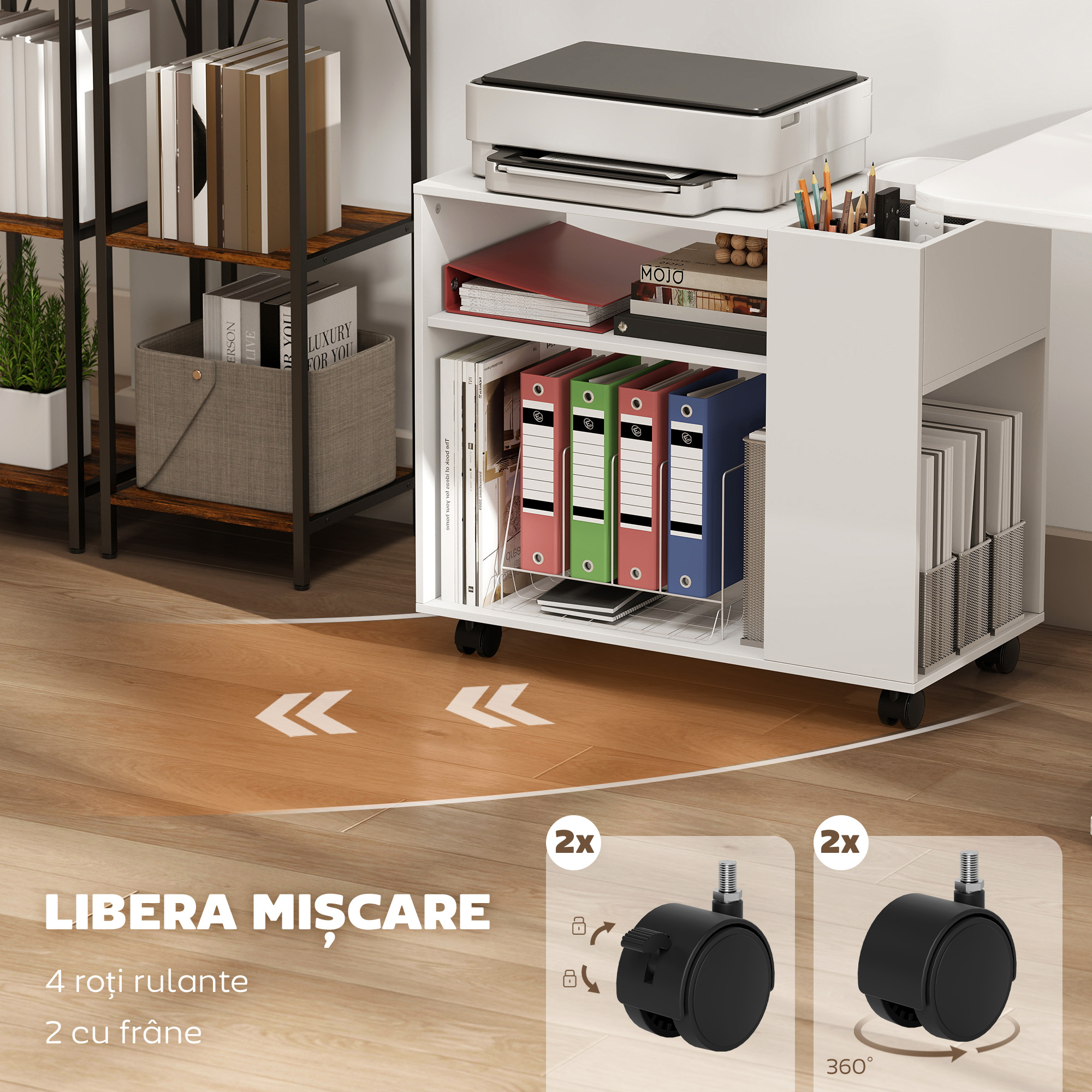  Dulap pentru Imprimanta cu Roti, Dulap Multifunctional cu Compartimente Deschise, Raft si Spatiu de Depozitare, Noptiera pentru Living, Camera sau Birou, 70x36x60 cm, Alb [5]
