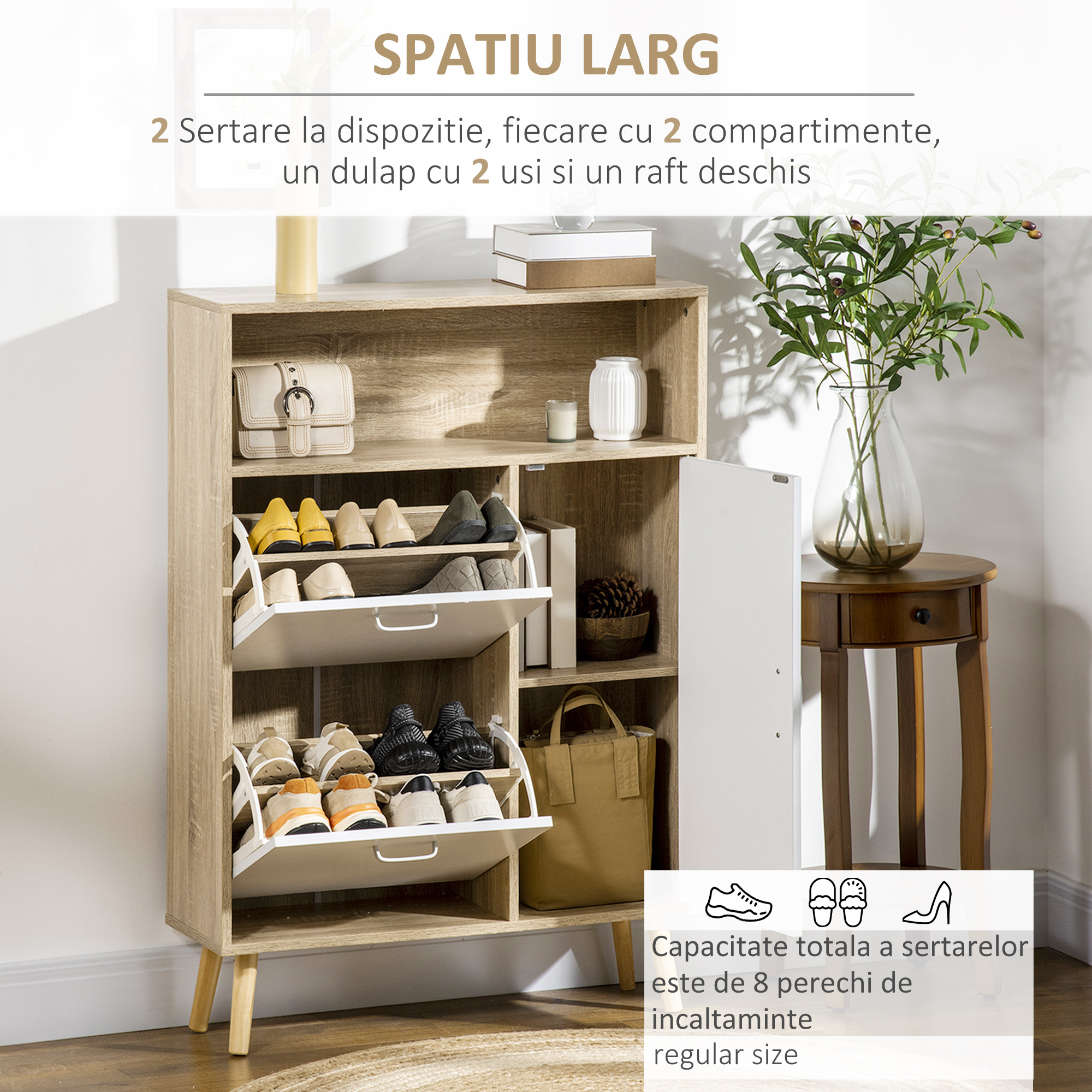  Pantofar cu 2 usi rabatabile si dulap, reglabil, natural, alb [3]