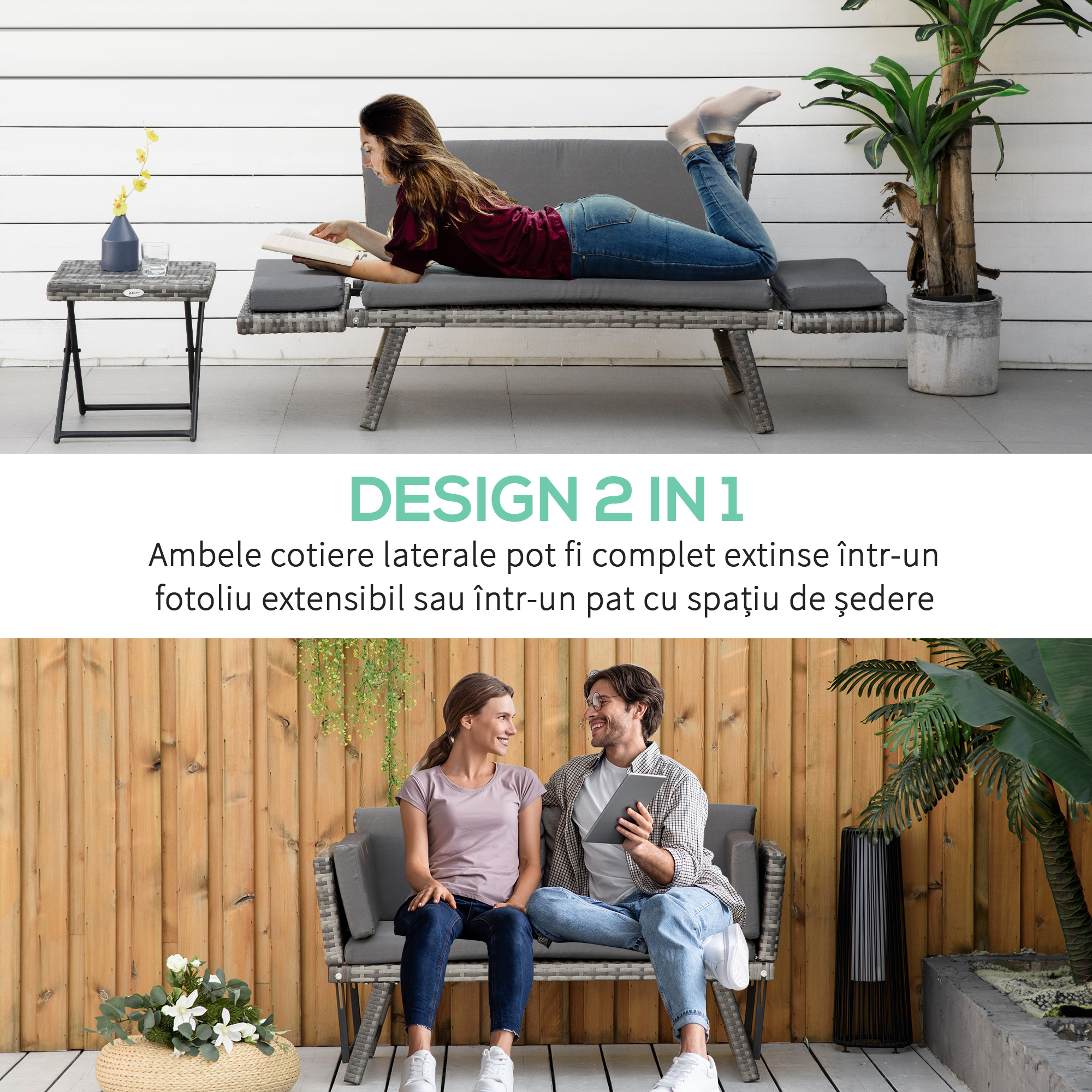  Canapea de Gradina din Ratan si Otel, Canapea cu 2 Locuri si Cotiere Rabatabile, 129x63x67 cm, Gri [3]