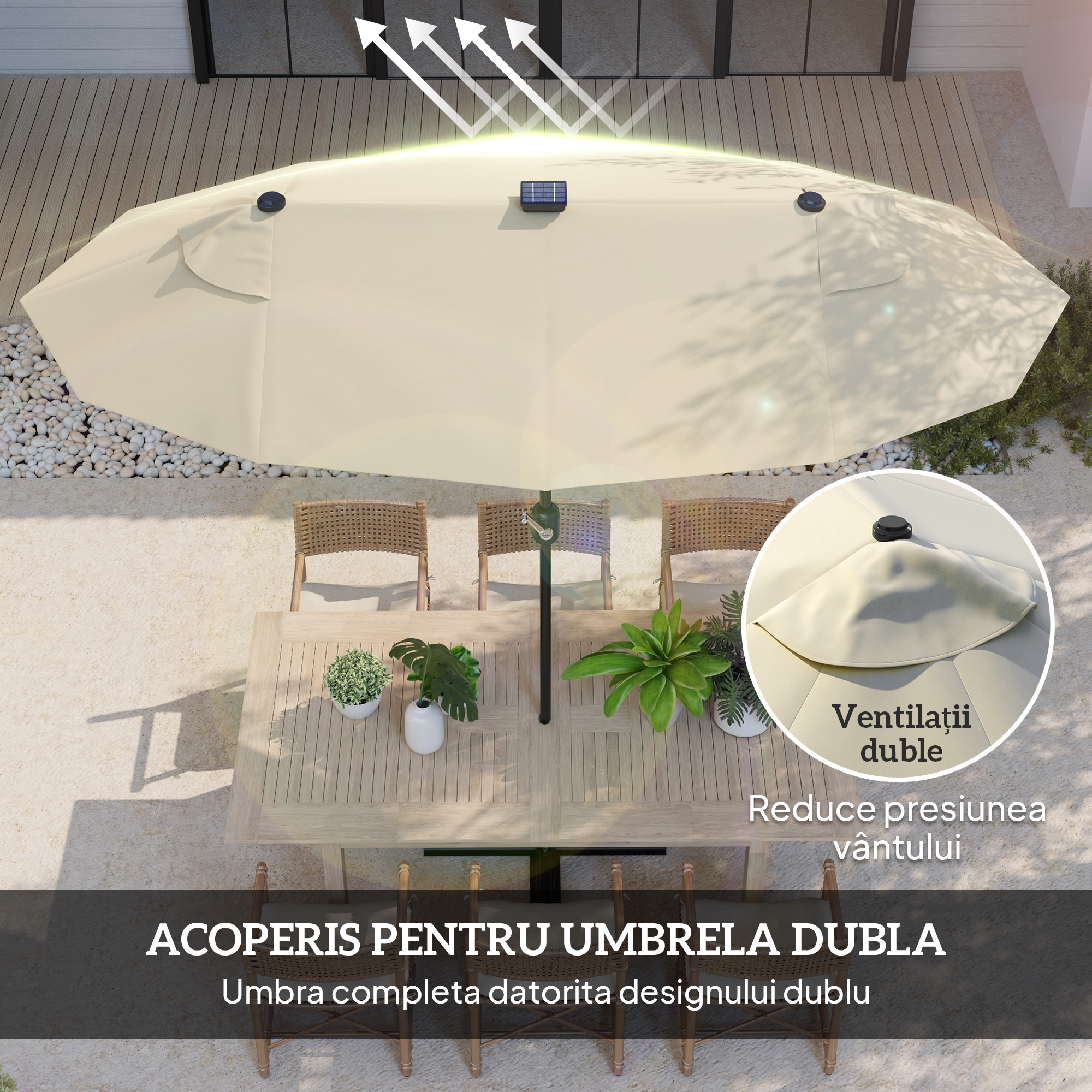  Umbrela Dubla cu Lumini LED si Baza in Forma de Cruce, din Poliester si Otel, 295x150x219 cm, Alb Crem [5]