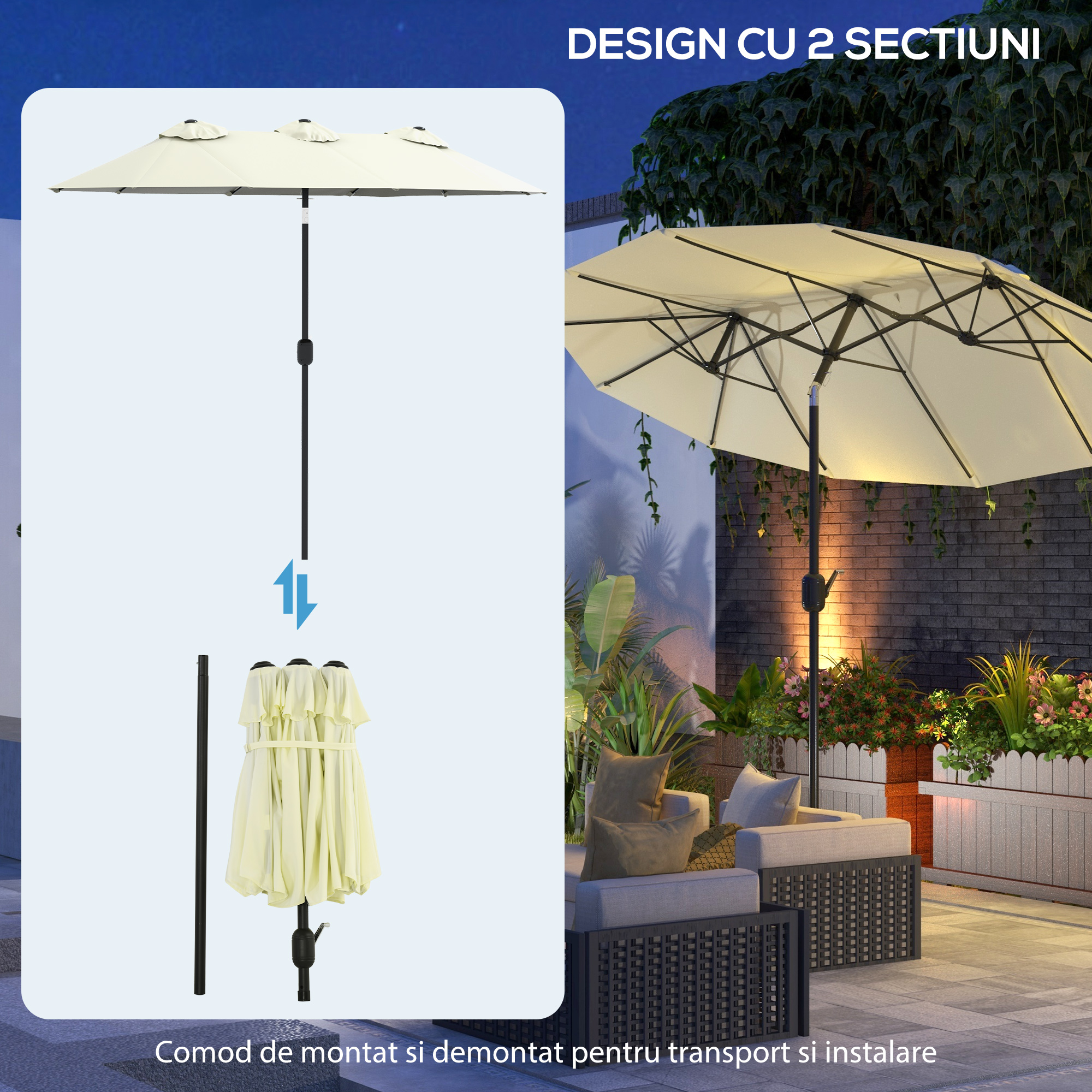  Umbrela de Gradina Dubla inclinabila la 45° cu Manivela si 3 Orificii de Ventilatie, 295x152x222 cm, Bej [7]