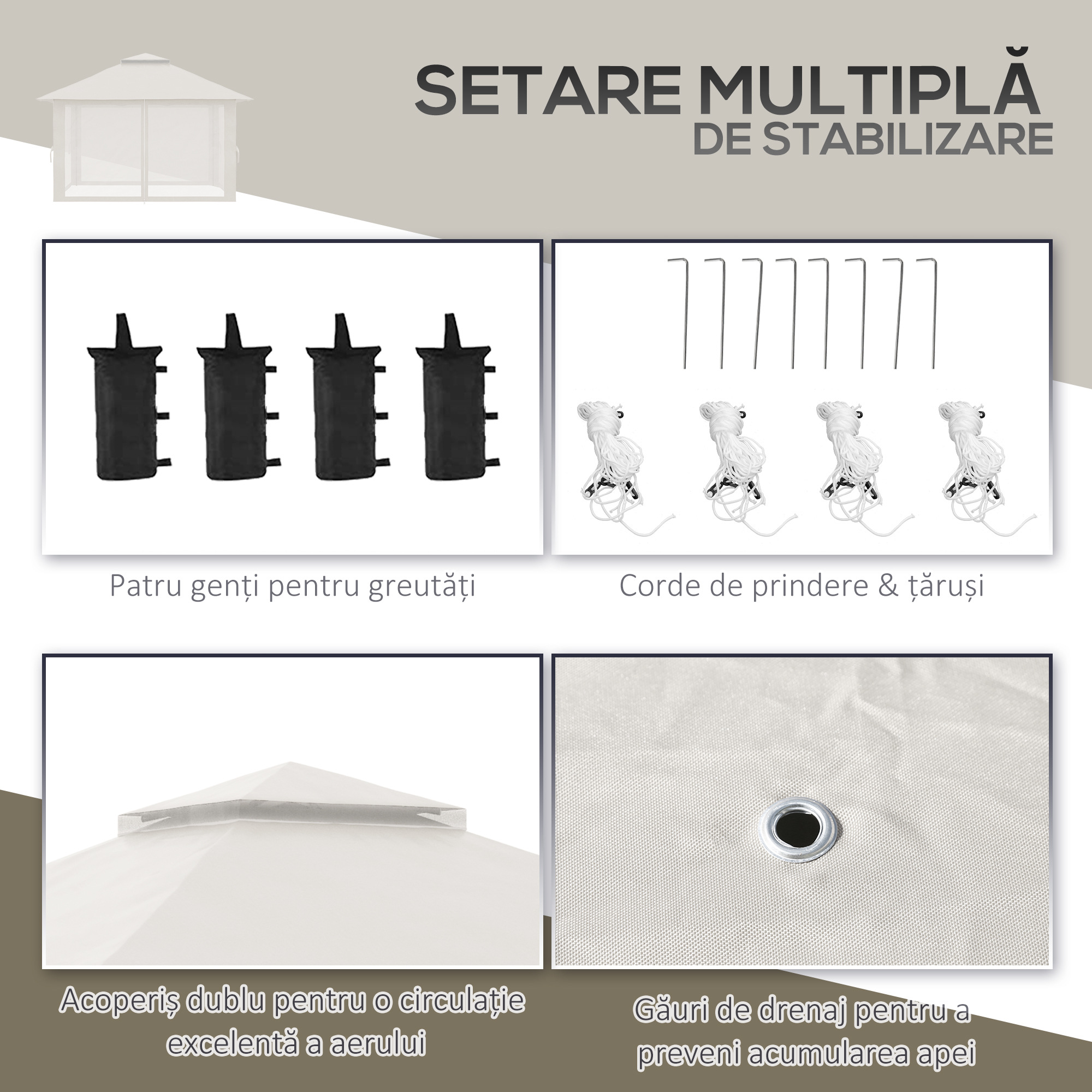  Foisor Pliabil Pop Up 4x4 m cu Inaltime Reglabila pe 3 Nivele, Foisor Exterior cu Plase de tantari, Saci de Nisip, Geanta de Transport, UV50+, pentru Gradina, Camping, Evenimente, Crem [6]