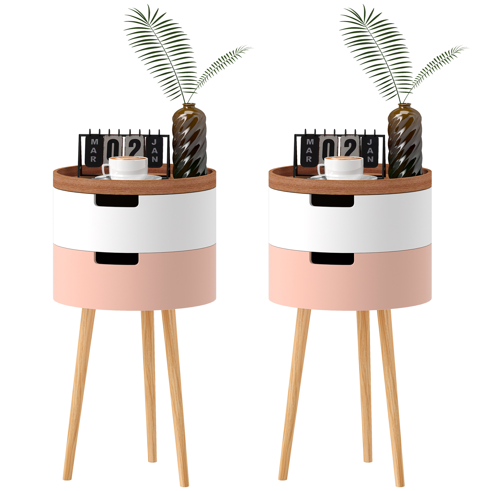 Living & hol -  Set 2 Masute de Cafea pe 3 Nivele, cu 2 Compartimente si Blat Superior tip Tava, Multicolor