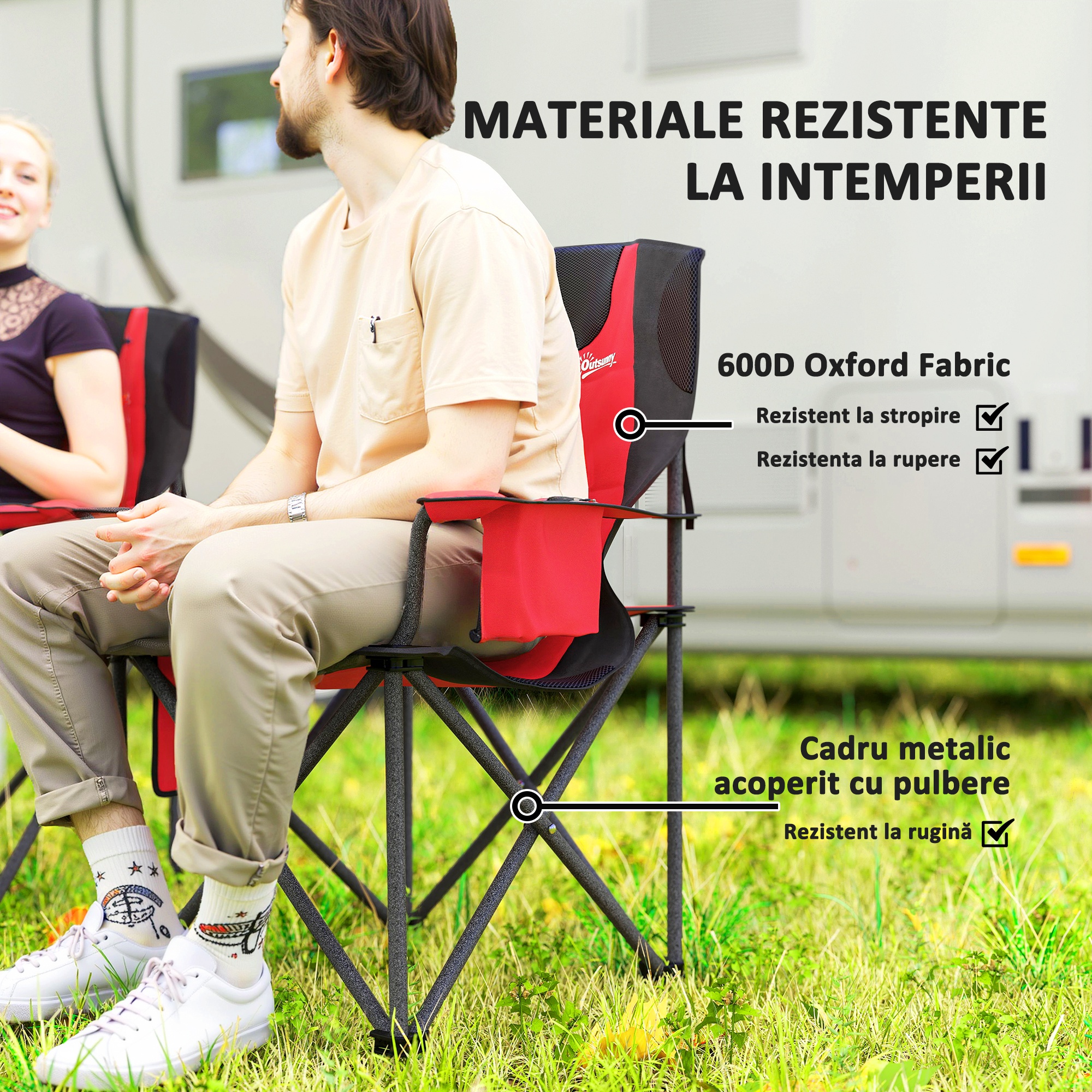 Set  de 2 Scaune de Camping Pliabile cu Cooler, Suport de Pahare si 2 Buzunare, 94x62x100 cm, Rosu [4]