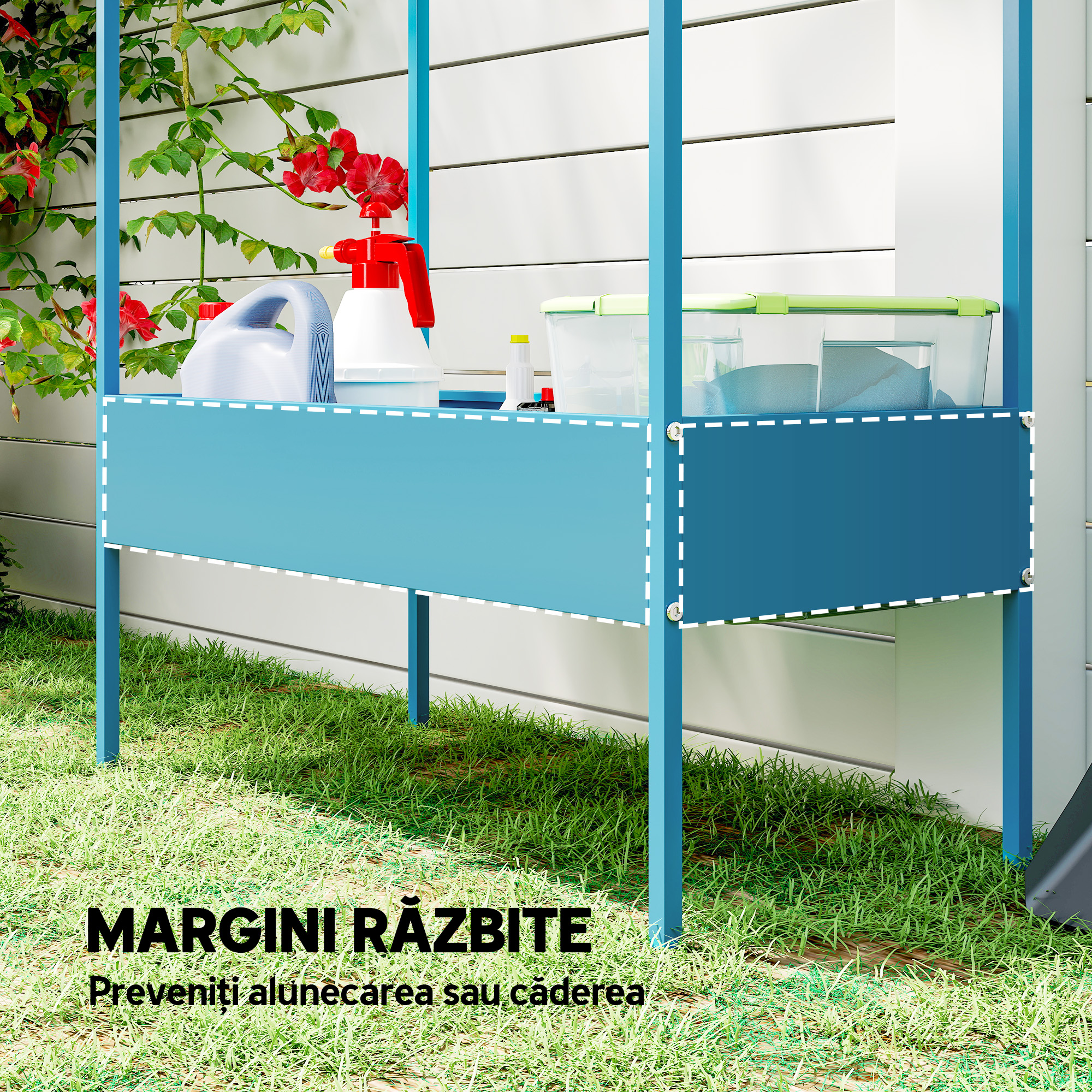  Suport pentru Ghivece pe 2 Niveluri din Metal in Forma de Casuta, Etajera pentru Plante cu Agatatoare, pentru Interior si Exterior, 75x35x150 cm, Albastru-Verde [5]