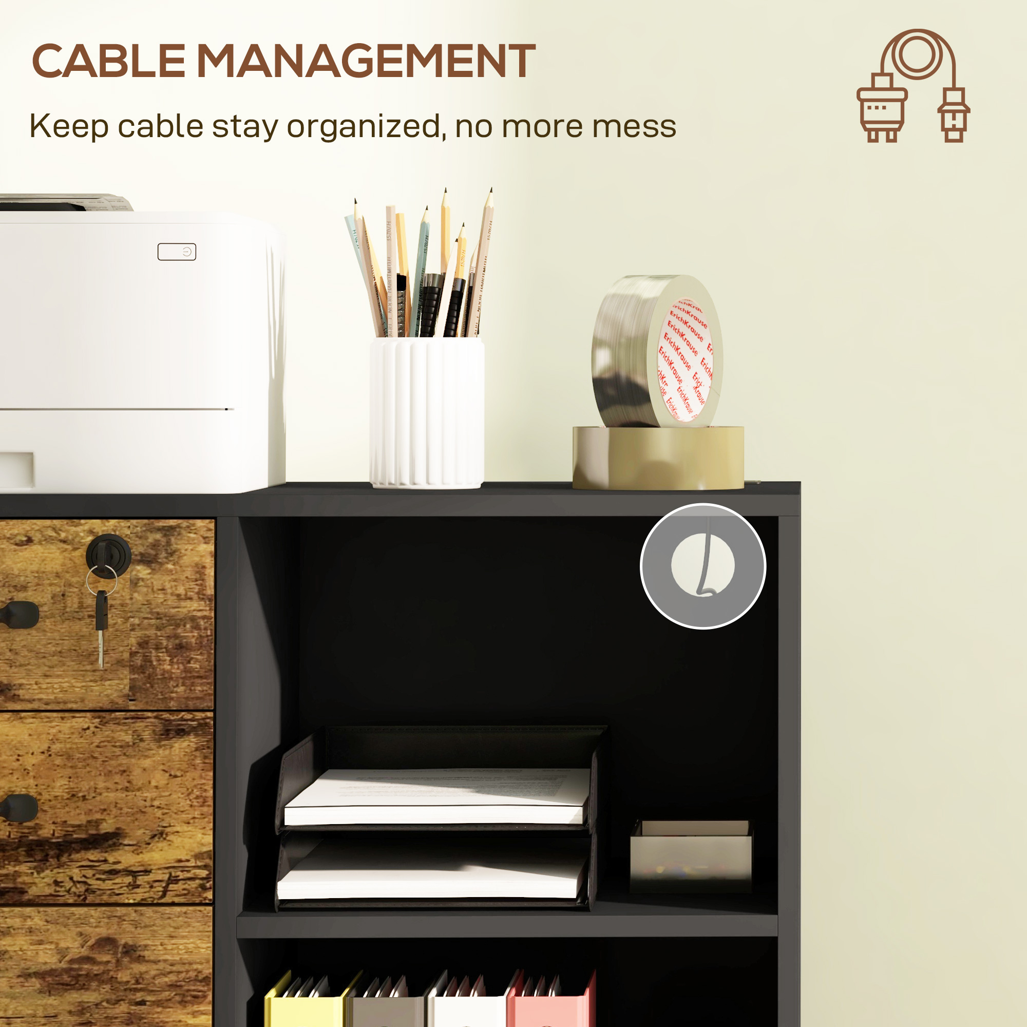  Dulap Imprimanta Mobil - MDF cu 3 Sertare, 2 Rafturi & Roti [7]