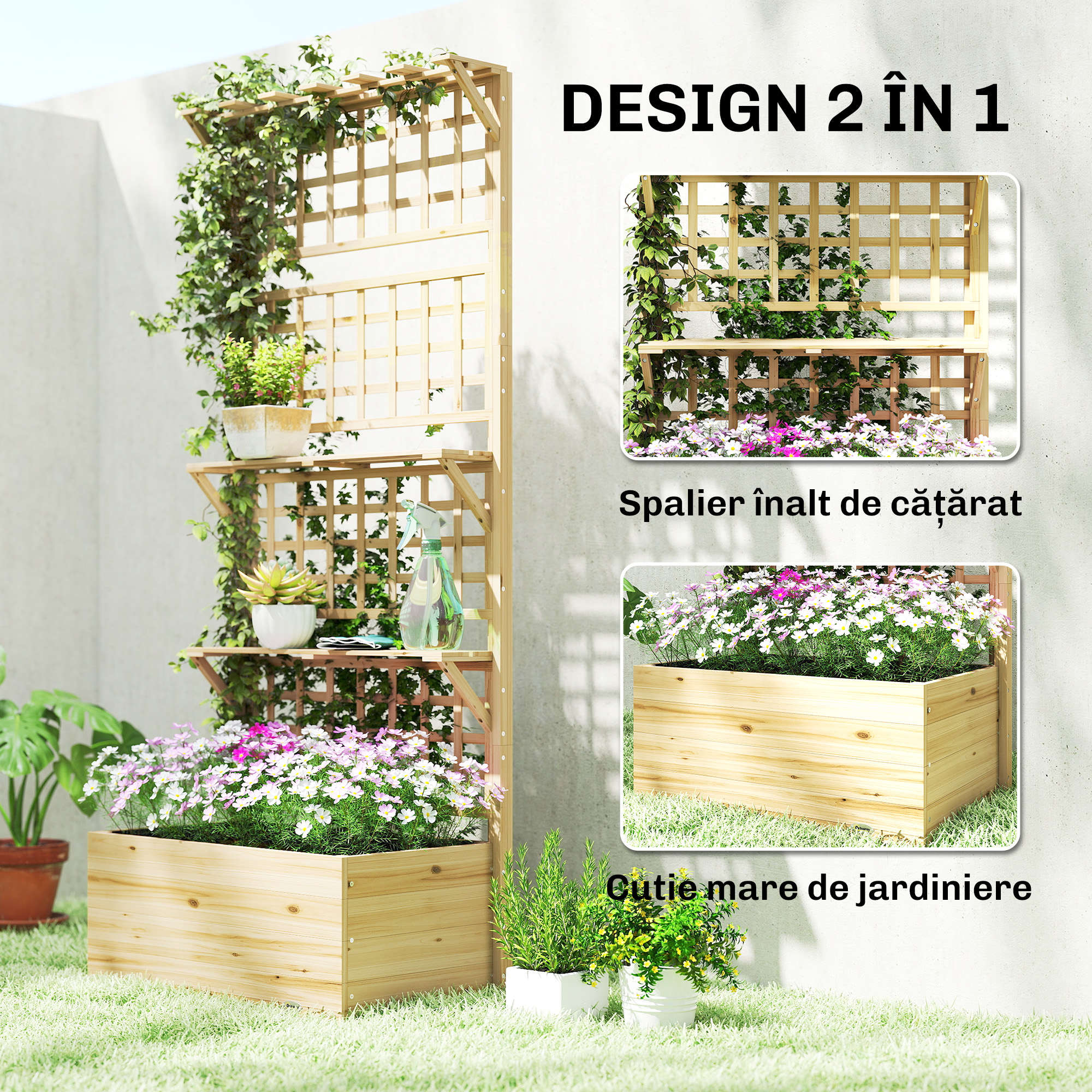  Jardiniera Ridicata din Lemn cu Grilaj, Acoperis si 2 Rafturi, 76x43.5x177 cm, Lemn Natural [3]