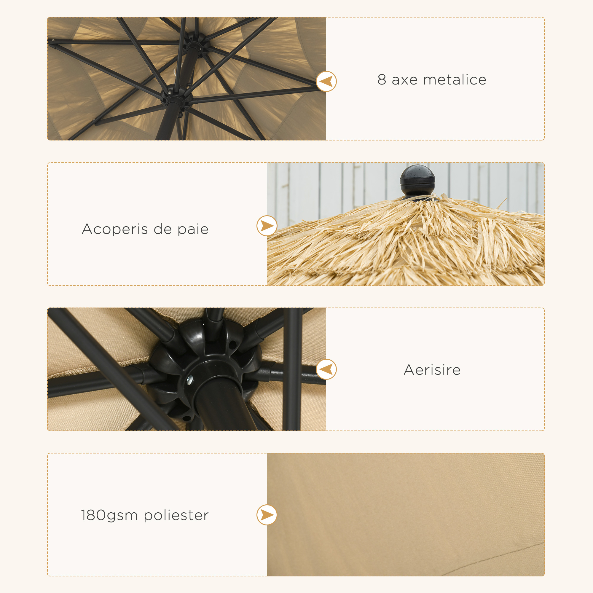  Umbrela pentru gradina cu paie, umbrela rotunda stil Hawai cu manivela, Ø265x250cm, kaki [4]