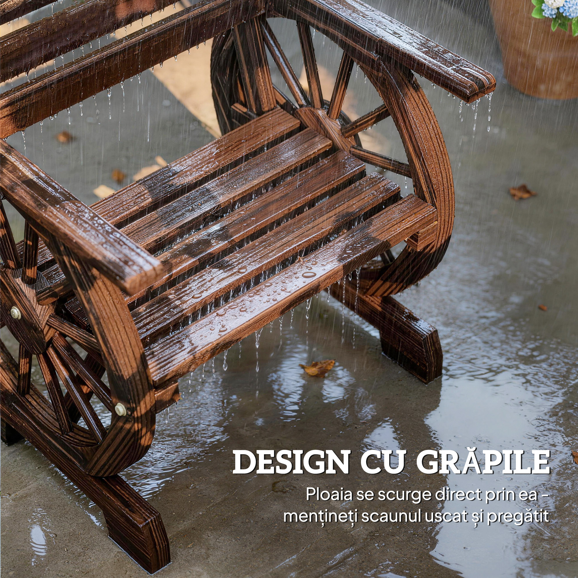  Banca de Gradina din Lemn cu Lamele 1 Loc, Scaun de Exterior cu Cotiere si Roata, Fotoliu din Lemn Masiv, sezut Spatios, Spatar inclinat, Gradina, Curte, Veranda, Finisaj Carbonizat [6]