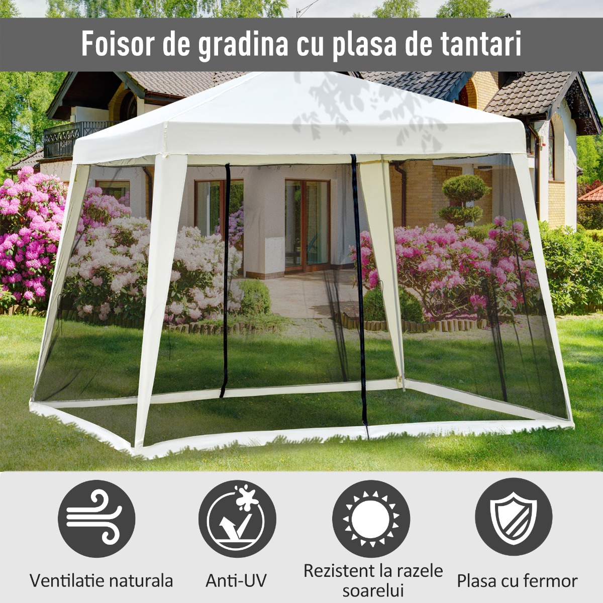  Foisor de Gradina Impermeabil cu Plasa Tantari Bej 3 x 3 x 2.35 m [3]