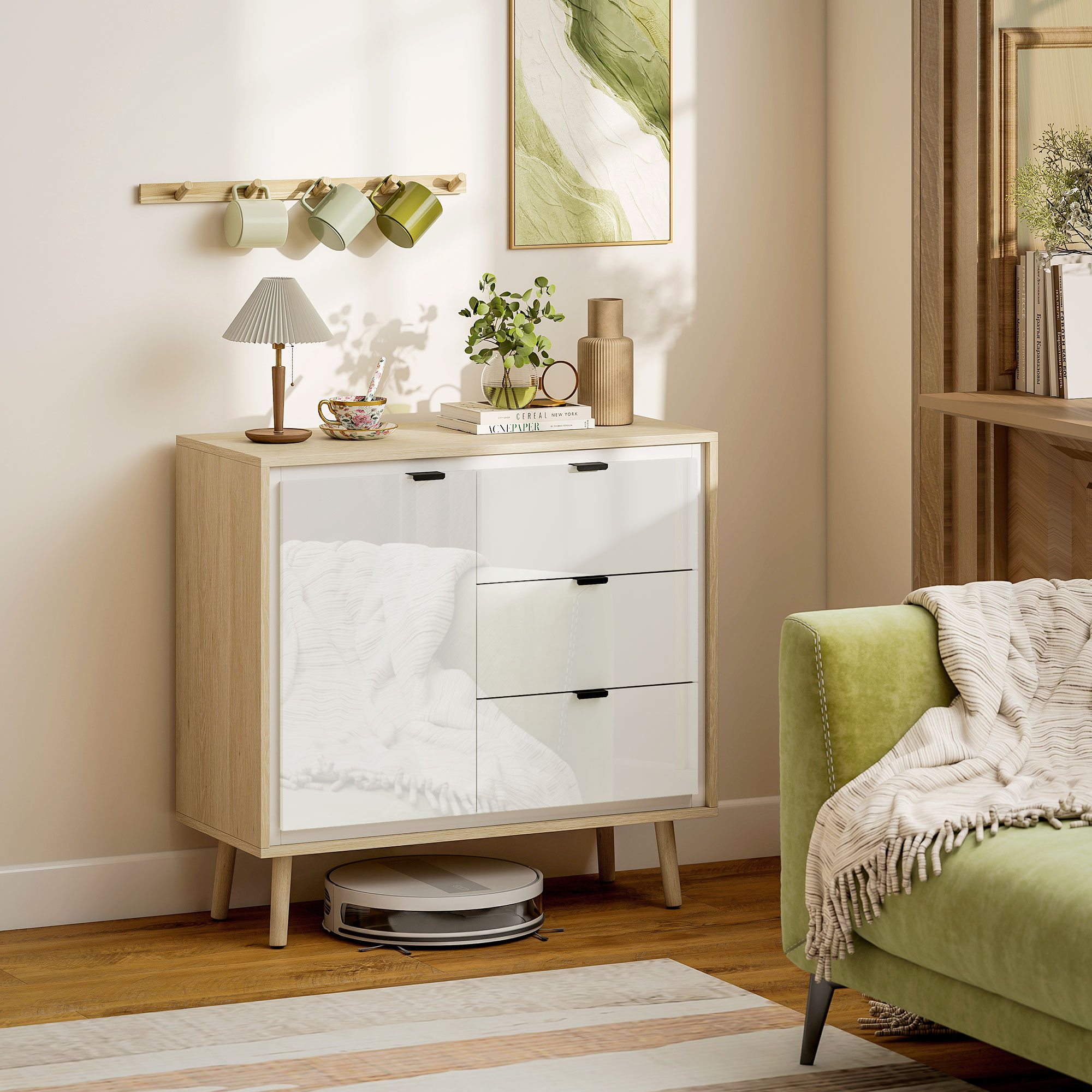  Credenta de bucatarie cu 3 sertare si dulap Alb lucios si stejar [1]