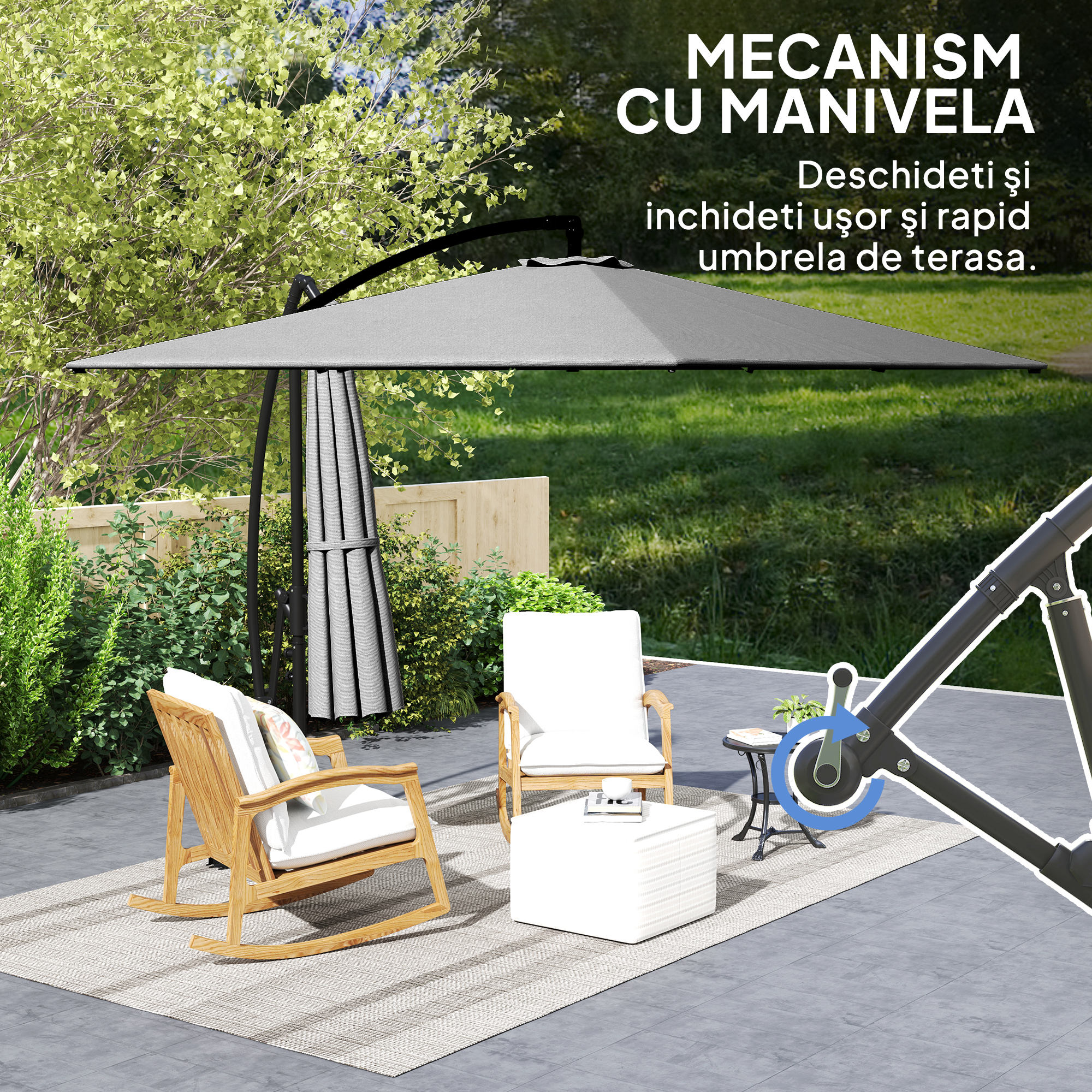  Umbrela Excentrica cu Husa, Corzi Antivant, Baza in Cruce si Manivela, 295x250x235 cm, Gri [6]