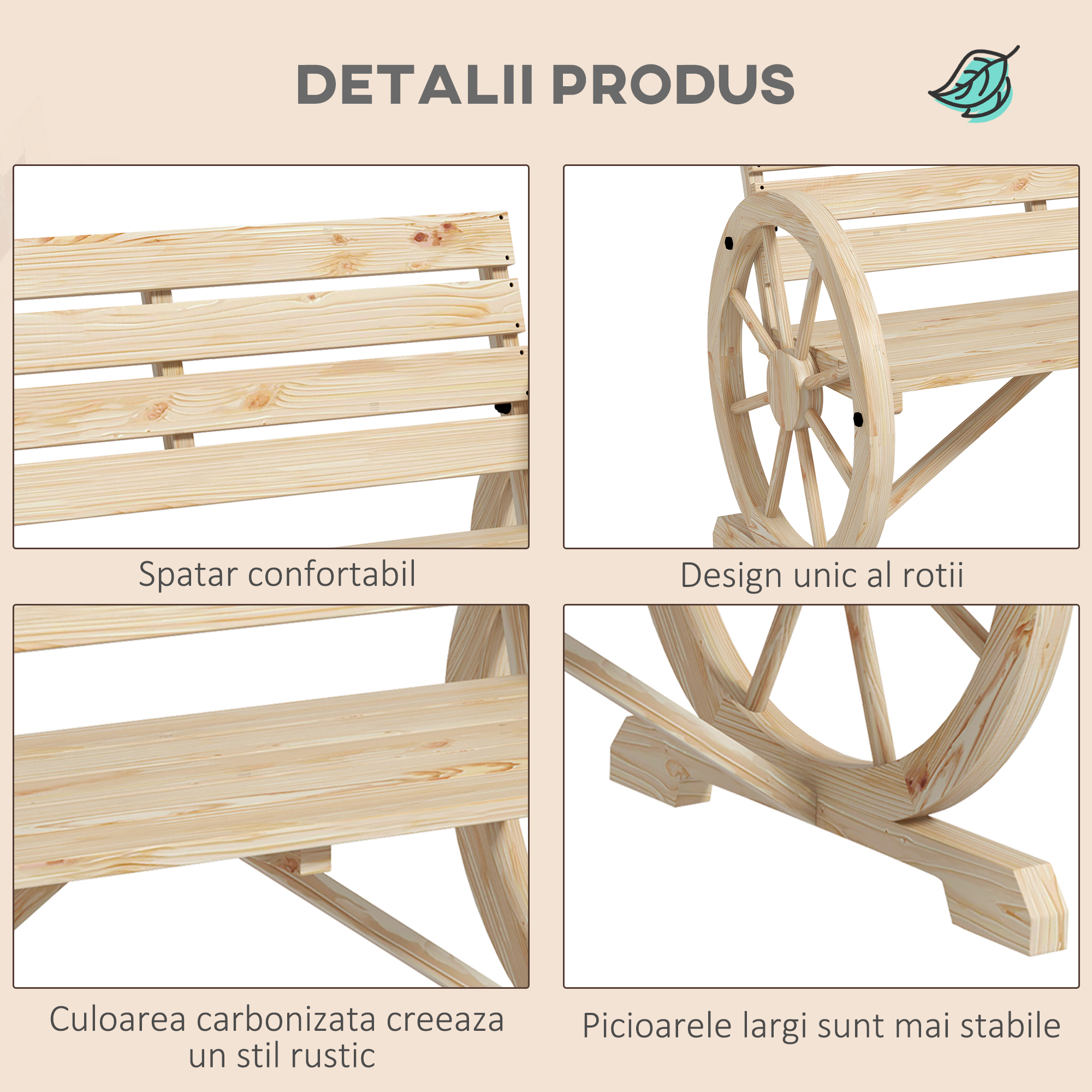  Banca de Gradina cu 2 Locuri, din Lamele cu Manere in Forma de Roata de Caruta, din Lemn, 105,5x56x79 cm, Culoare Lemn [4]
