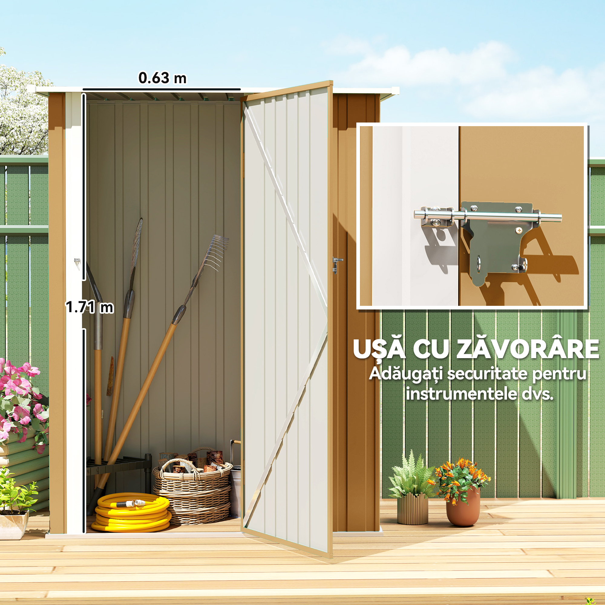  Magazie pentru unelte din metal cu acoperis inclinat si usa blocabila, 142x86x189 cm, galben [4]