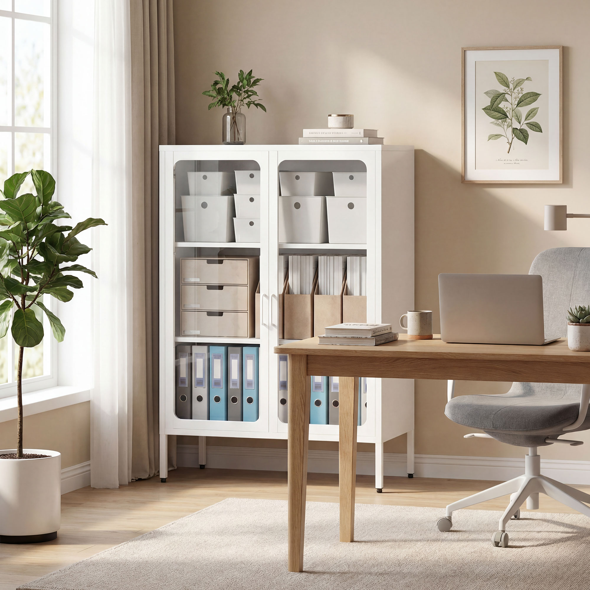  Dulap pentru Documente din Otel cu 2 Usi din Sticla Securizata, Dulap de Birou cu Rafturi Reglabile, Mobilier Multifunctional, 80x40x110 cm, Alb [1]