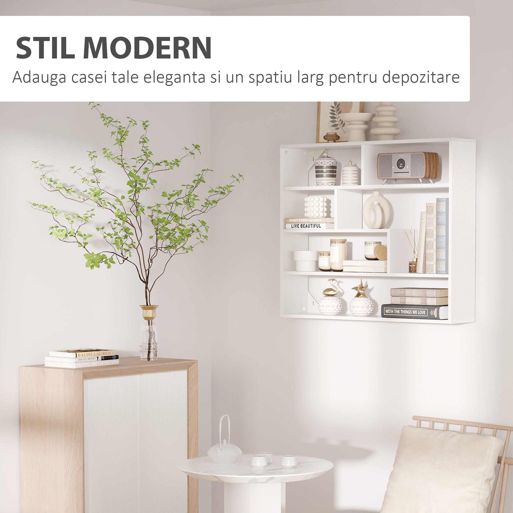  Biblioteca moderna de perete cu 4 niveluri , raft din lemn care economiseste spatiu pentru living si birou, 94x19,5x80cm, alb [3]