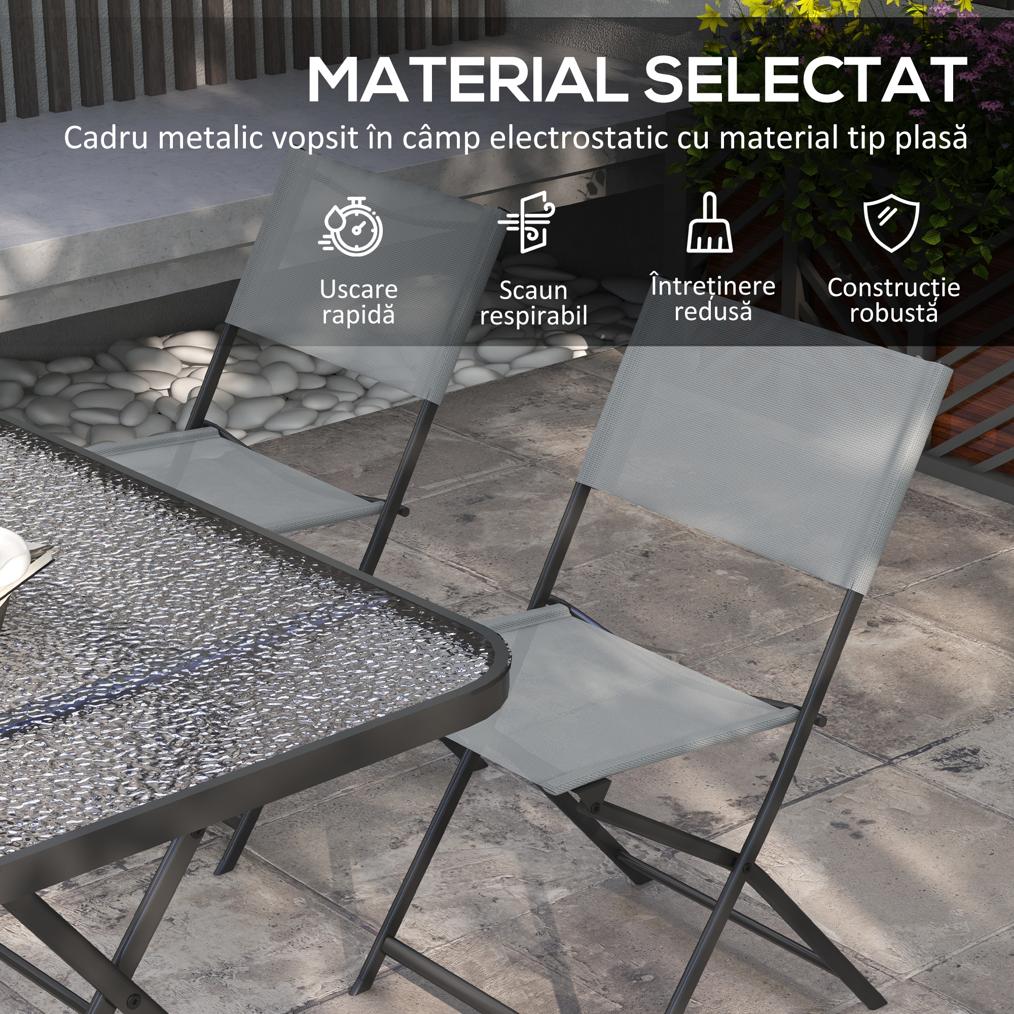 Set de Gradina 5 Piese - 4 Scaune Pliabile din Textilene si Masa din Sticla Securizata, Gri [5]
