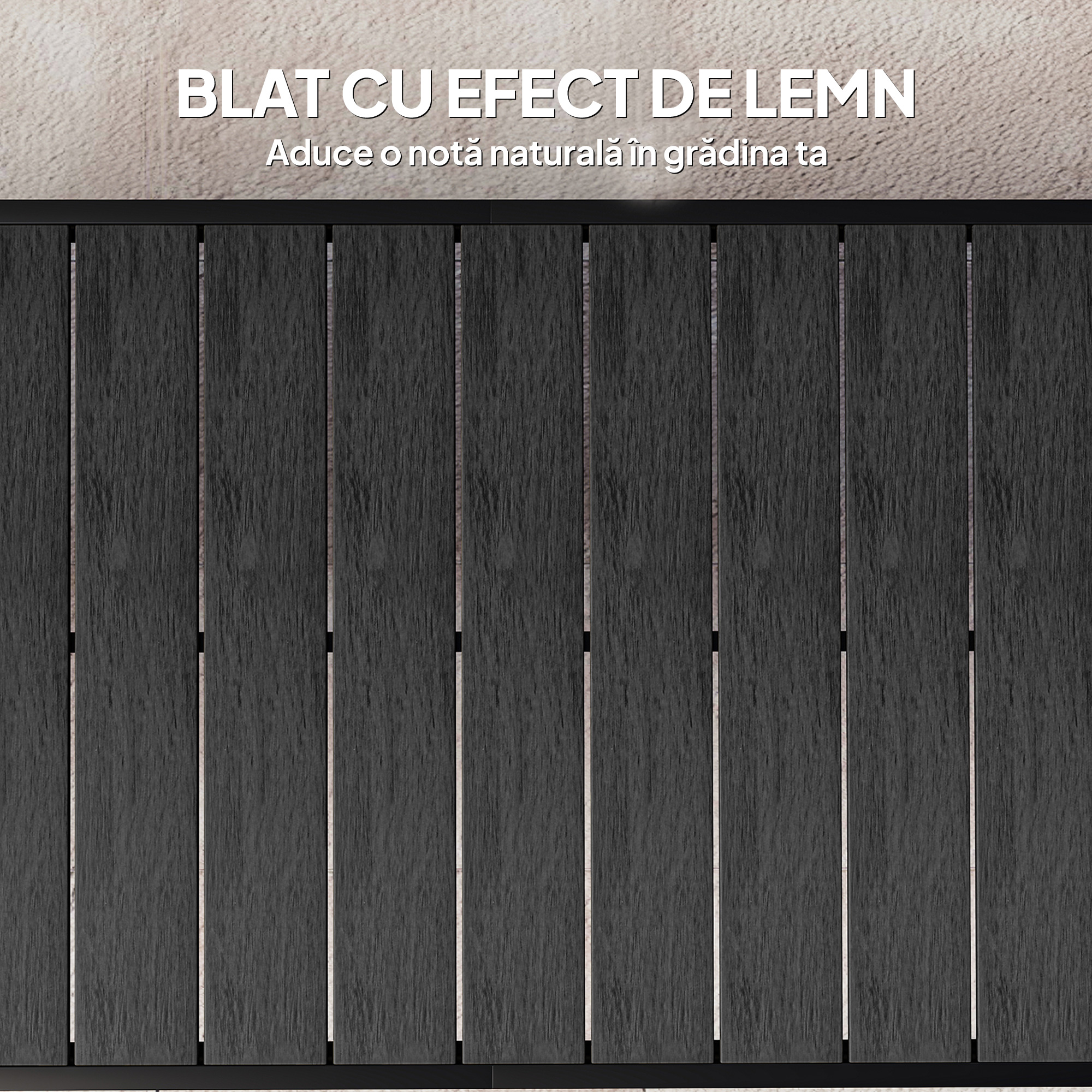  Masa de Gradina cu Blat cu Aspect de Lemn 190x90 cm pentru 8 Persoane, Masa de Luat Masa de Exterior Dreptunghiulara din Aluminiu si Plastic, pentru Terasa, Balcon, Negru [3]