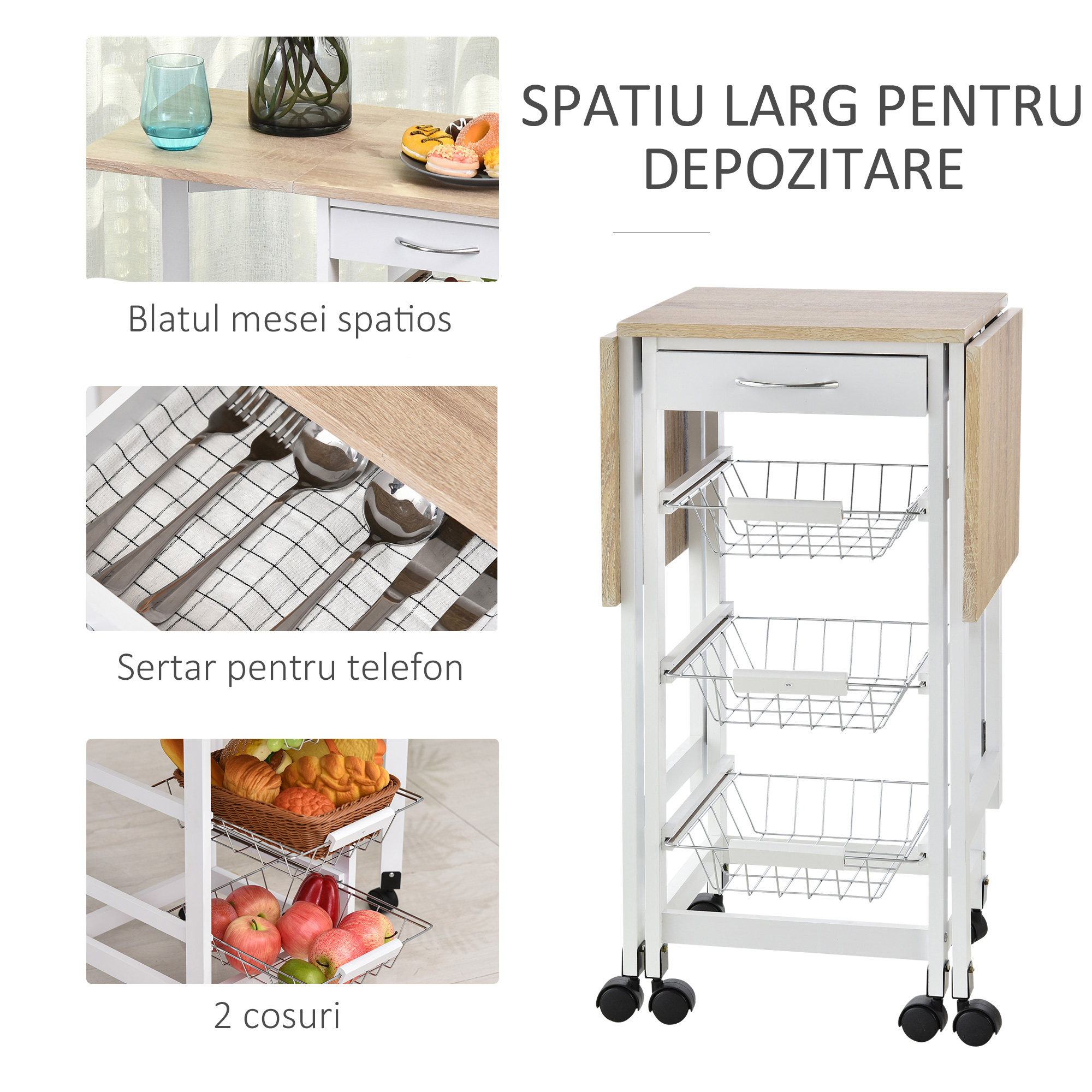  Carucior de Bucatarie Extensibil cu 3 sertare, MDF/Metal, 37x37x77.5 cm, Alb [5]