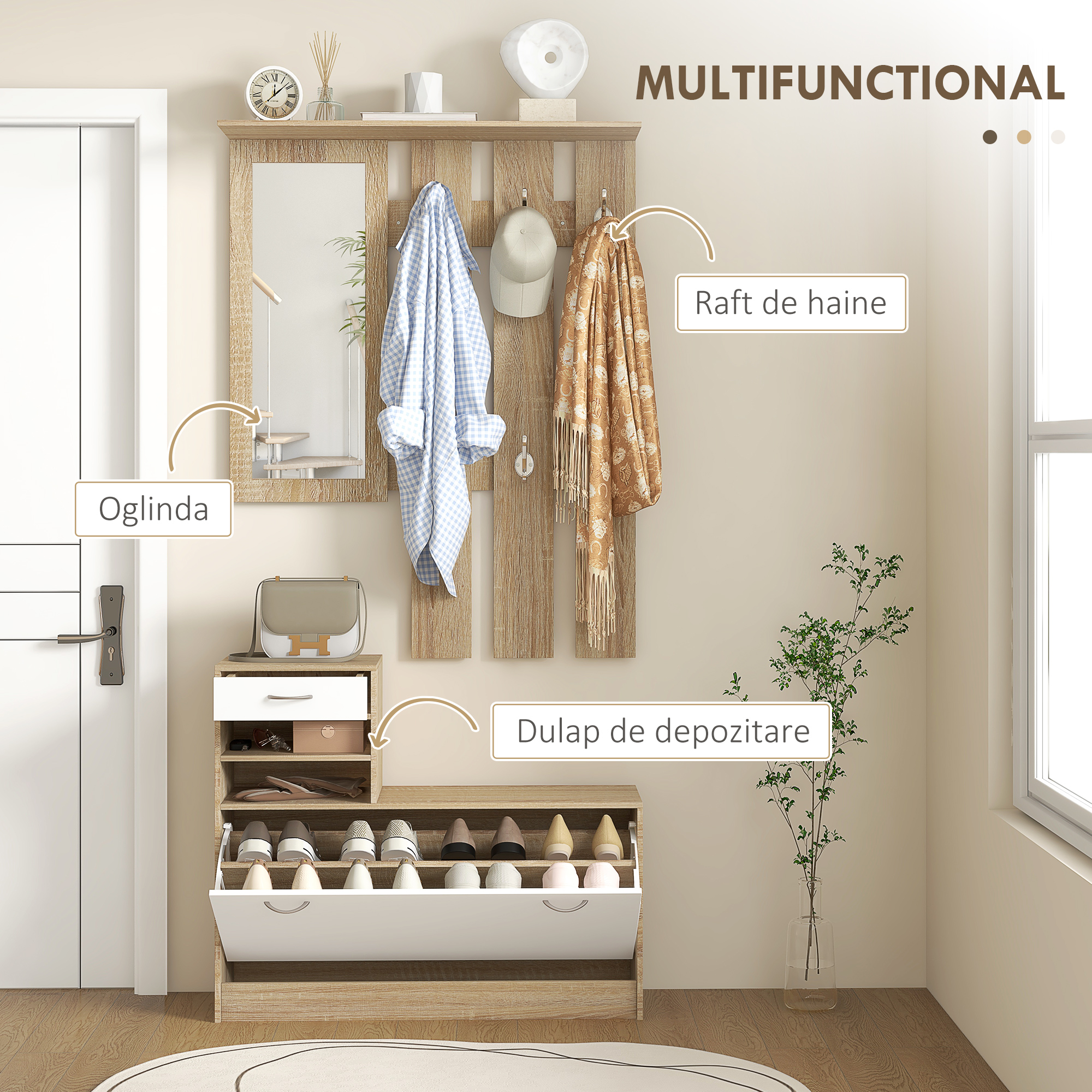  Set de Mobilier pentru Hol cu Raft pentru Pantofi, Oglinda si 2 rafturi Reglabile, 90x24x177 cm, Lemn Natural [3]