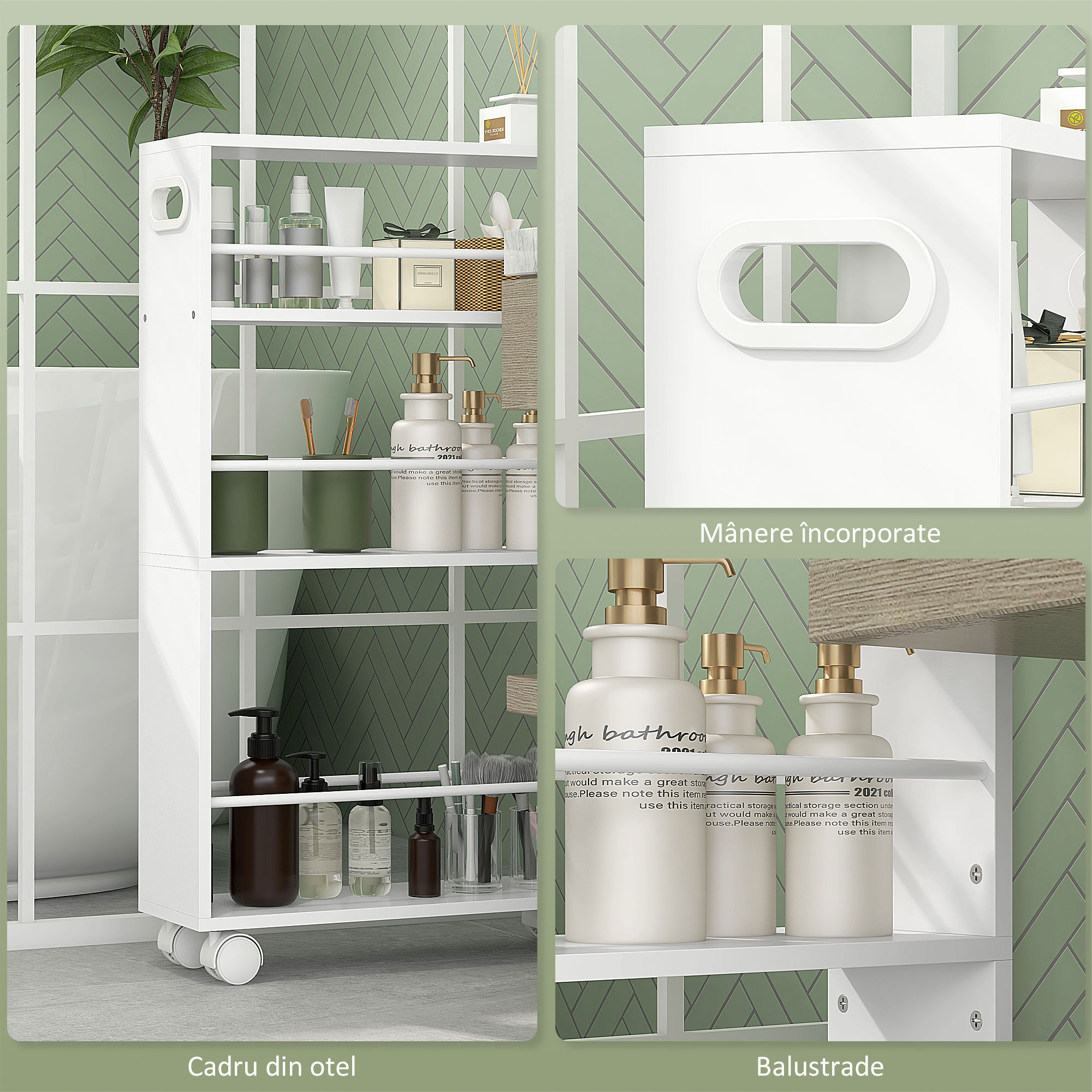  Troler Salvaspatiu pentru Bucatarie si Baie cu 3 Niveluri, Bare Laterale si Roti cu Frane, Alb [5]