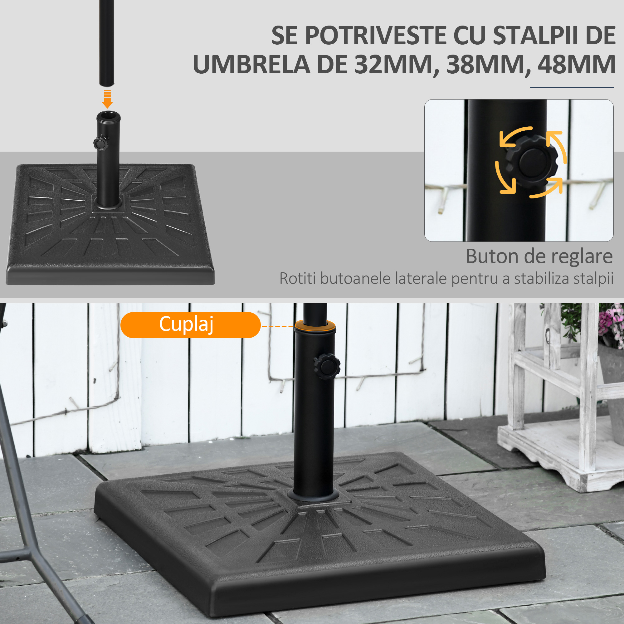  Suport de baza din rasina 19kg pentru umbrela de gradina, Greutati patrate pentru suportul pentru umbrele de exterior de pe piata pentru stalpi de Φ32mm, Φ38mm si Φ48mm, negru [3]