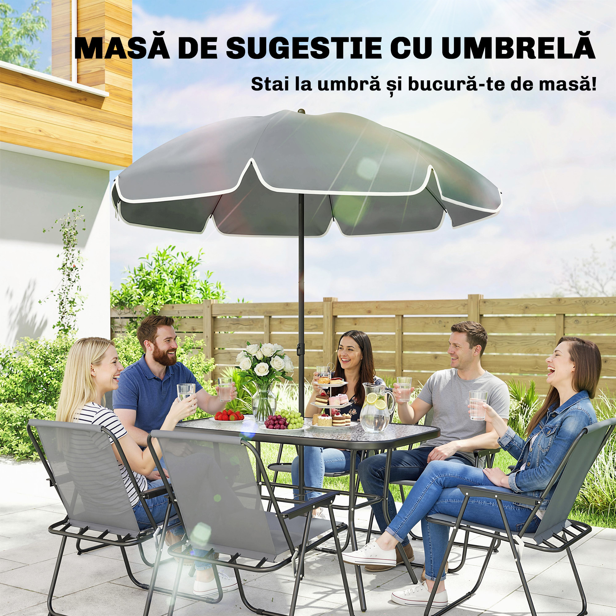  Set de Masa de Gradina 8 Piese cu Umbrela, Set Mobilier Gradina cu 6 Scaune Pliabile, Masa din Sticla Temperata si Umbrela pentru Terasa, Gri [5]