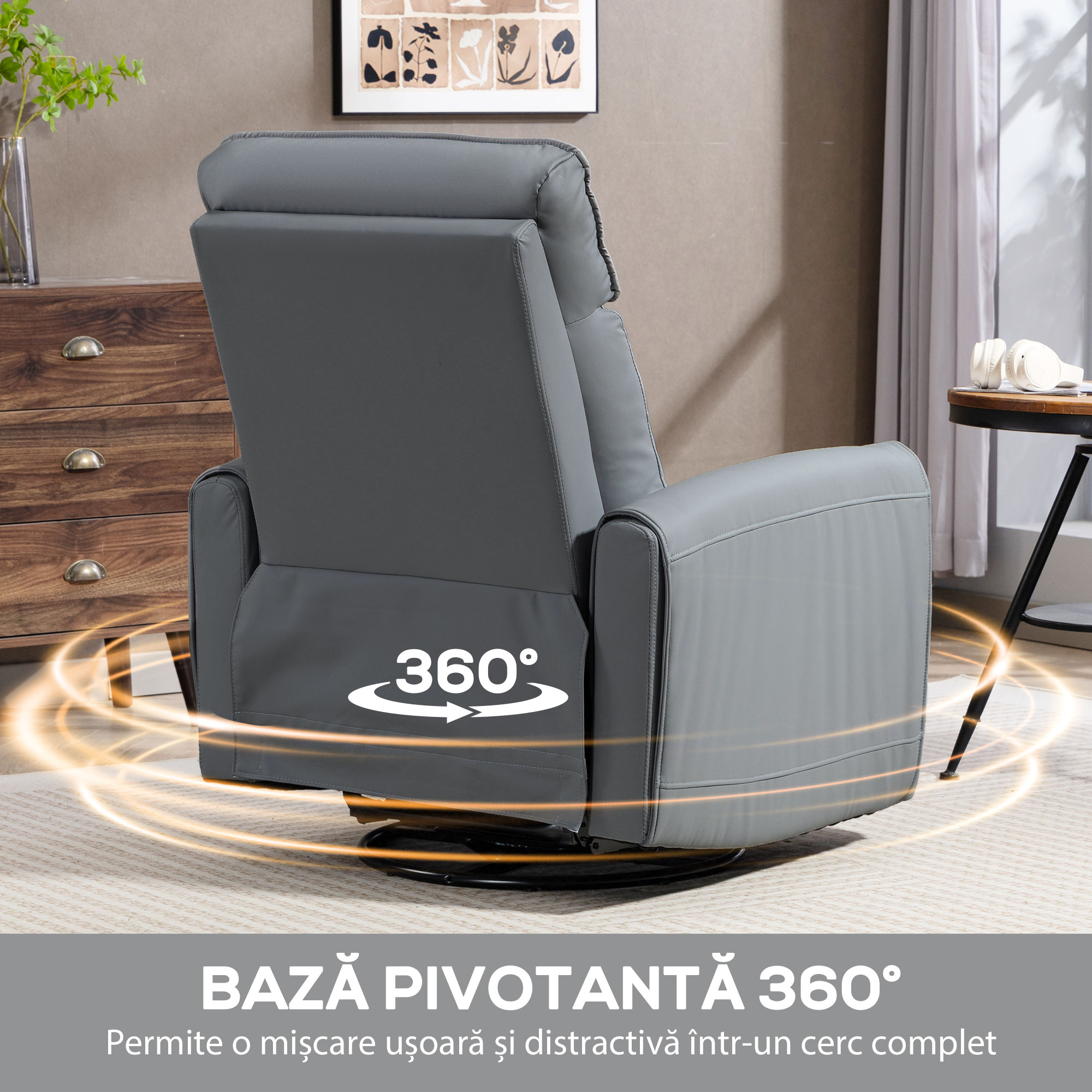  Fotoliu Relax Reglabil Manual cu Suport pentru Picioare, Tapiterie cu Efect de Piele si Baza Rotativa, Gri [4]