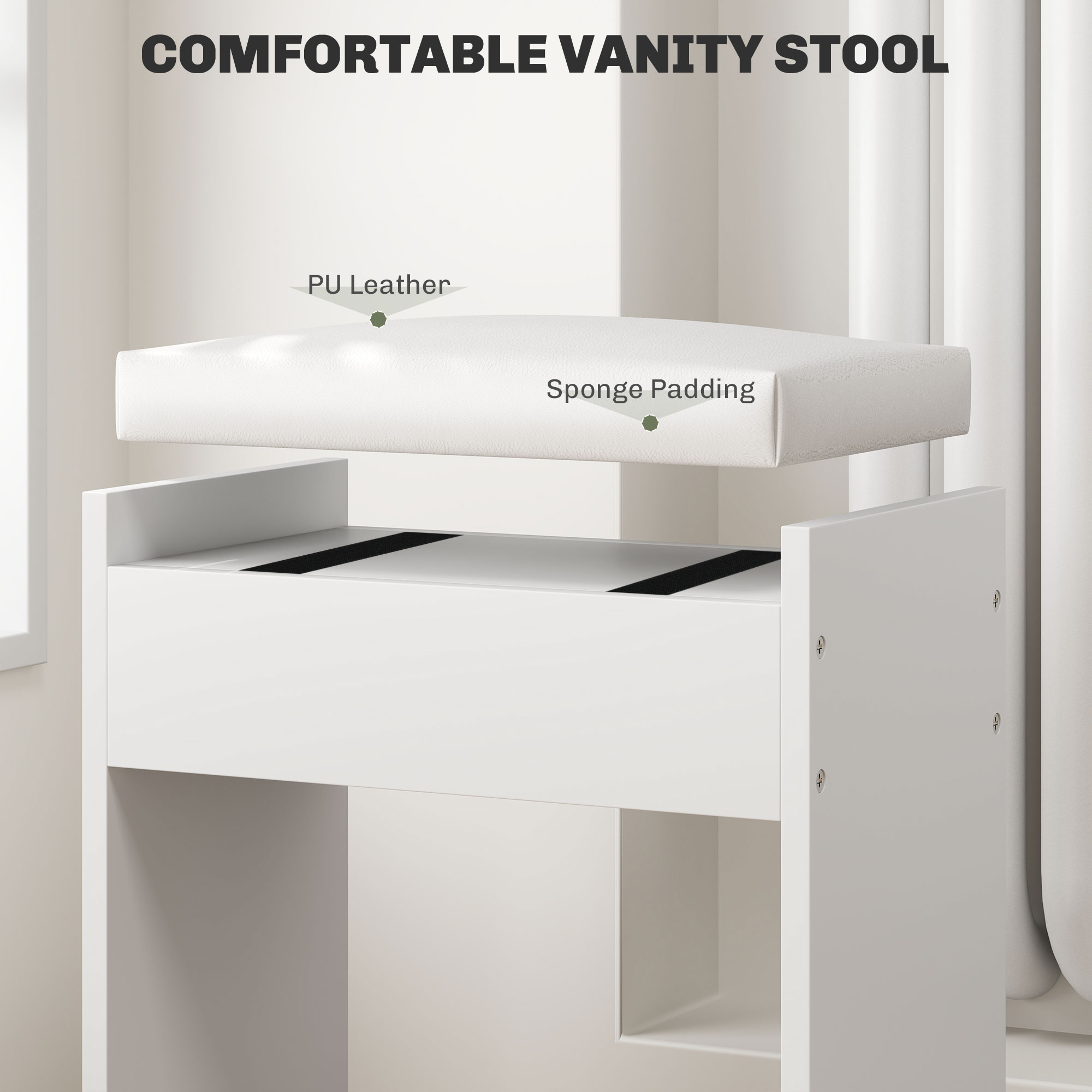  Set Masa de Toaleta cu Oglinda si 5 Sertare 97,2x44,5x136,5 cm si Taburet Captusit 40x24x46 cm, Alb [5]