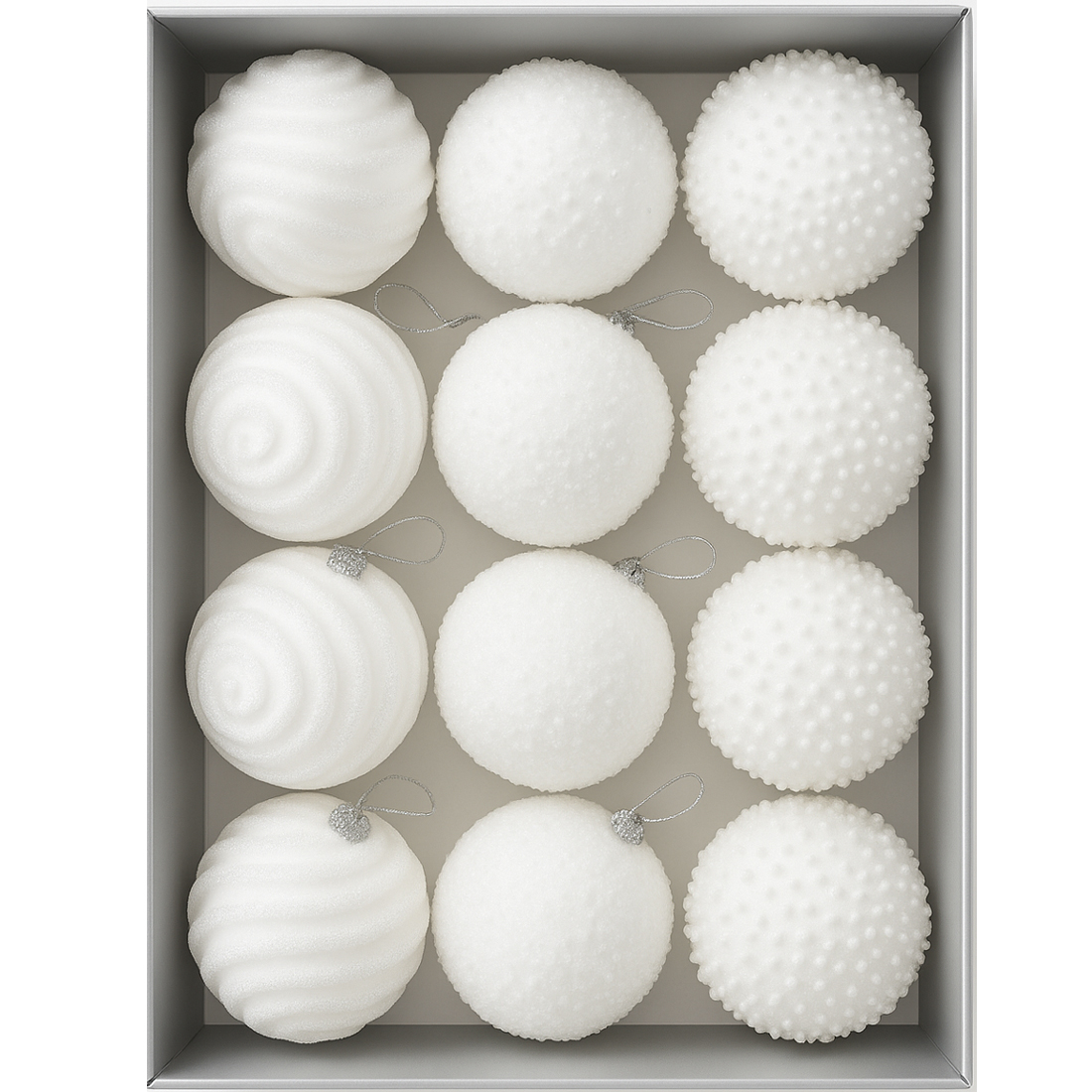 Decoratiuni si figurine - Set 12 globuri Craciun cu sclipici, 3 modele diferite, polistiren, diametru 8 cm, alb