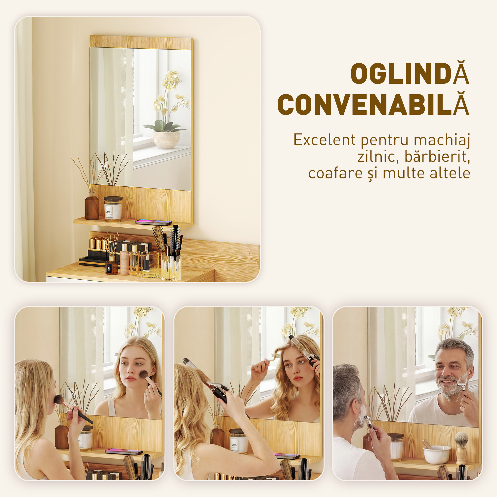  Set de Intrare cu Oglinda cu Raft si Dulap Suspendat cu Sertar si 2 Rafturi Deschise, din Lemn si Sticla [4]