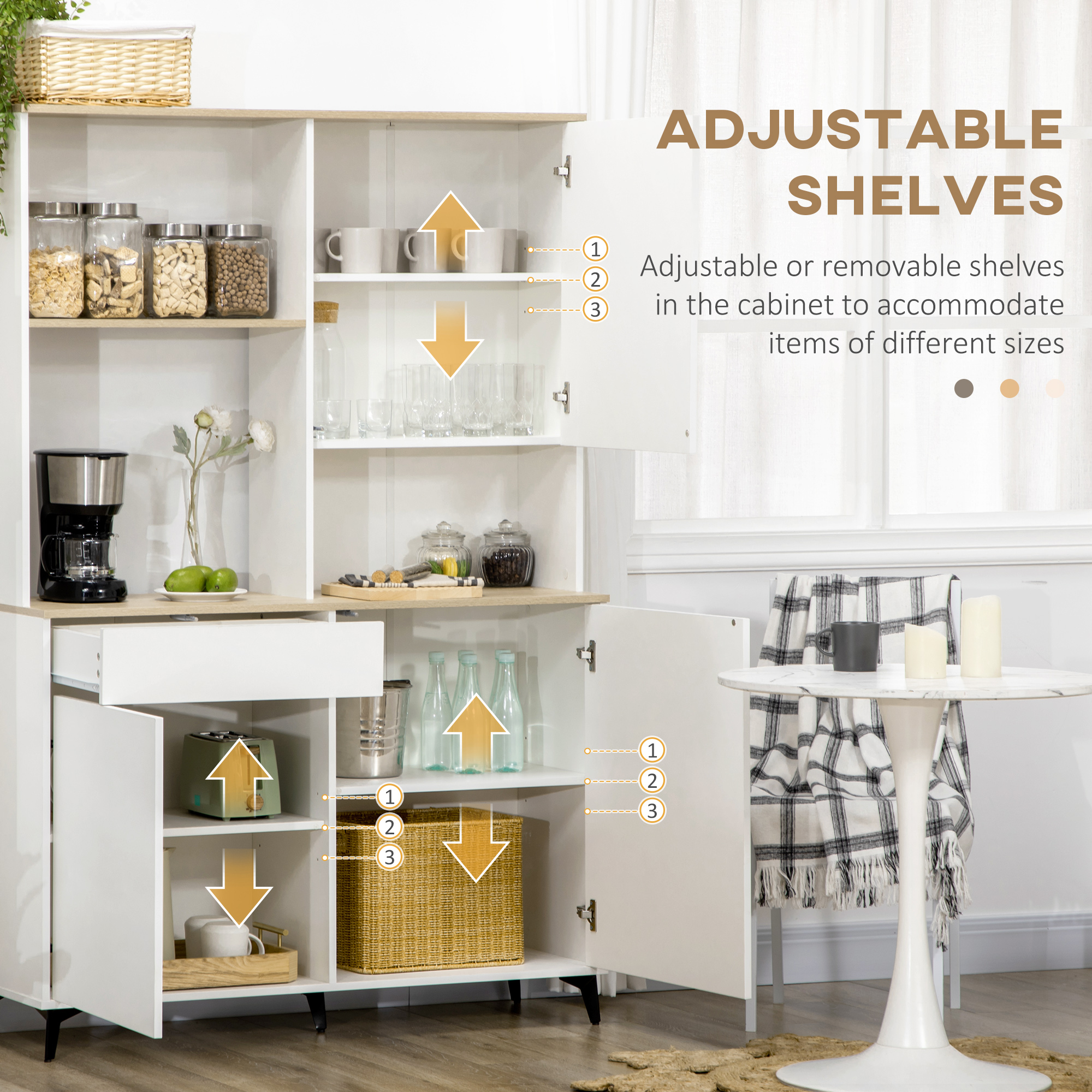  Dulap de bucatarie independent, dulap de depozitare modern, dulap pentru microunde cu usi si rafturi reglabile, 180 cm, alb [5]