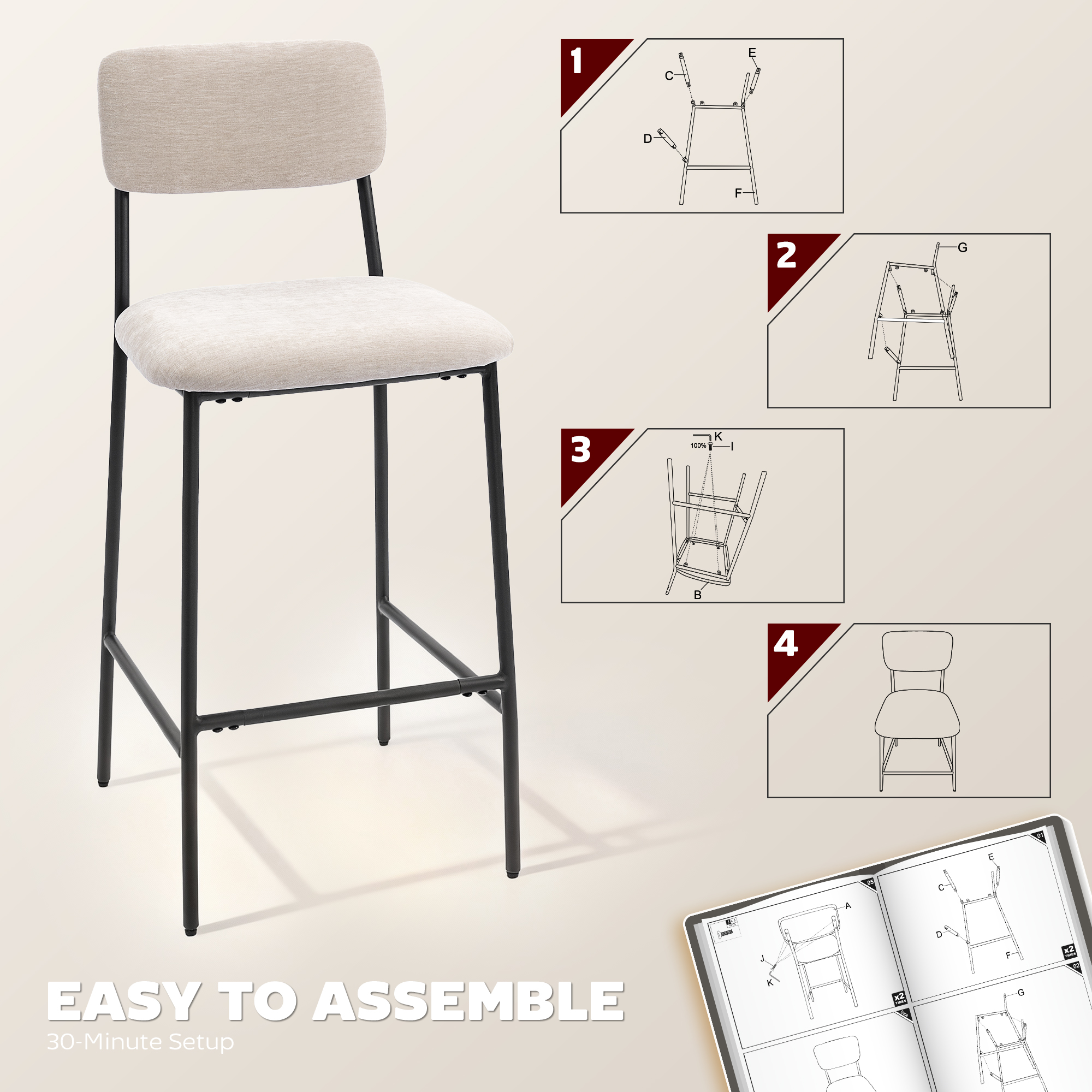  Set 2 Scaune de Bar cu Spatar inalt, Suport pentru Picioare si Tapiterie din Chenille, Crem [7]
